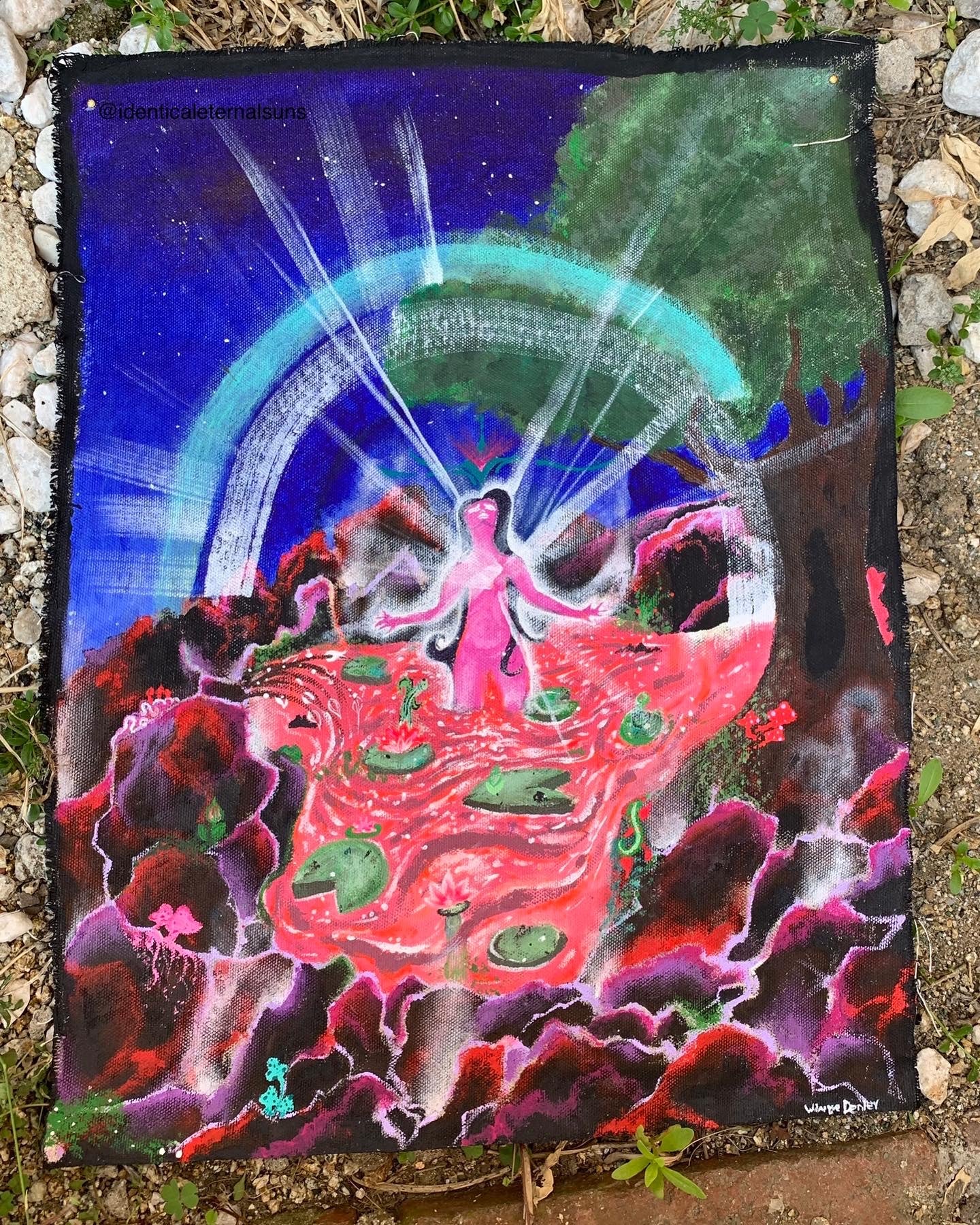 This artwork showcases pure spiritual passion to be fully consumed by the eternal light that lives within our hearts, As her heart surrenders to her inner divinity, she becomes resurrected, Lily pad nature artwork, Nature fairy acrylic fabric original painting, Divine Feminine wall art, spiritual scroll art, Woman surrenders to the inner light within her heart Original Artwork, Sacred art, Spiritual awakening art, Enlightenment art, divine feminine scroll artwork, IdenticalEternalsuns