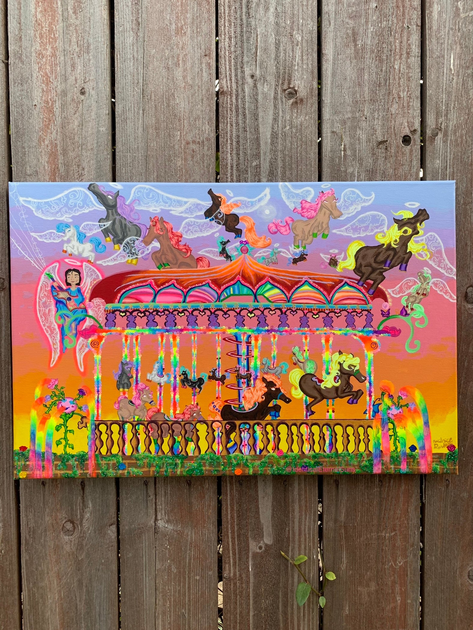 #carousel #ponies #ponyride #merrygoround #amusementpark #childhoodunplugged #whimsical #ecstatic #joyful #kidcore #nostalgia #innerchild #innerchildhealing #arte #contemporaryart #surrealism #ponyart #freedom #giddyup #colorful #majestic #wonderland #painting