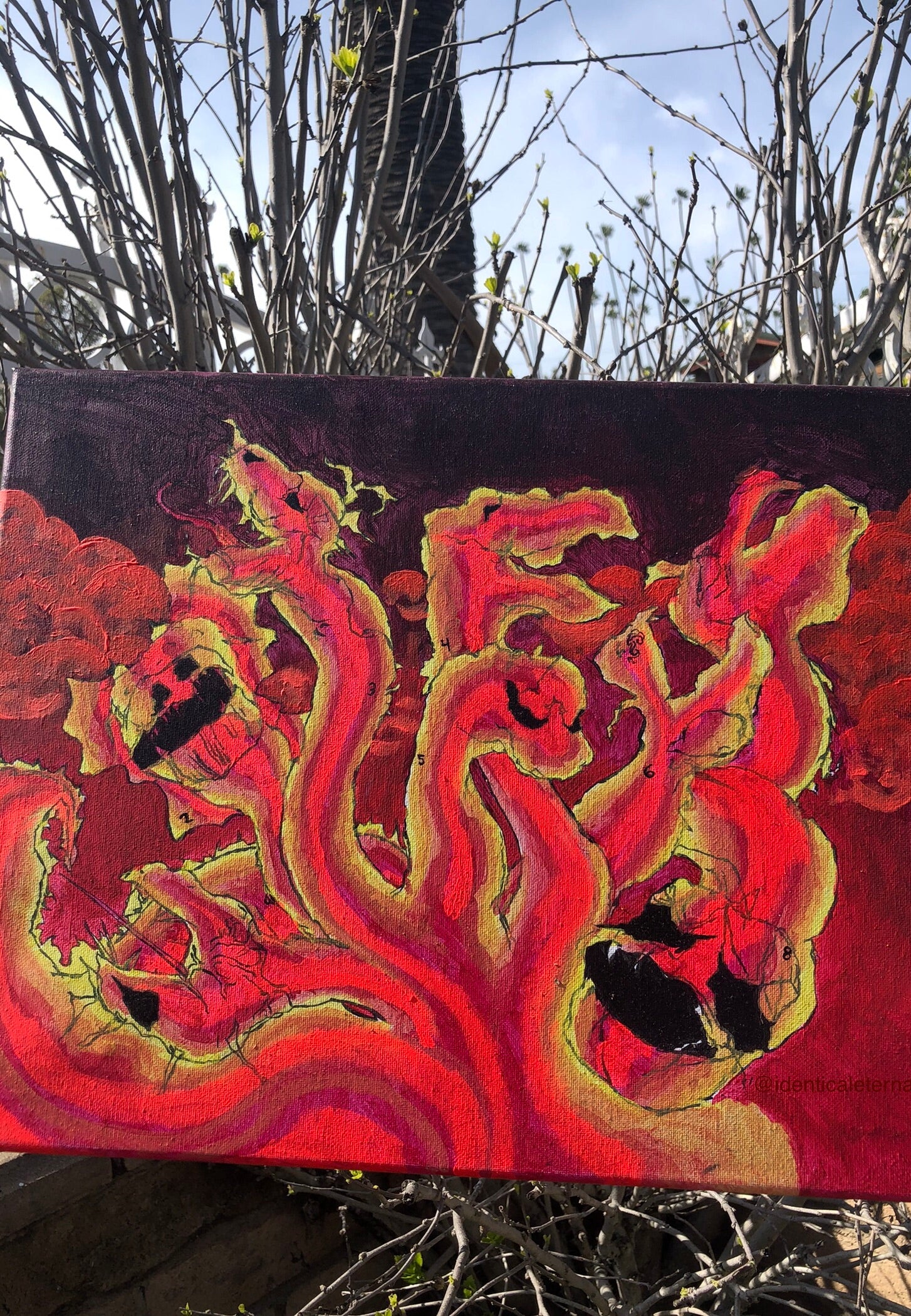 Red Hydras, multiple-headed dragons, trippy hydra painting, hydra artwork, hydra painting for sale, hydra heads artwork for sale, multiple hydra heads artwork, hydra art, hydra family, Thermal Hydras Original Painting, IdenticalEternalSuns, red room decor, Aries art