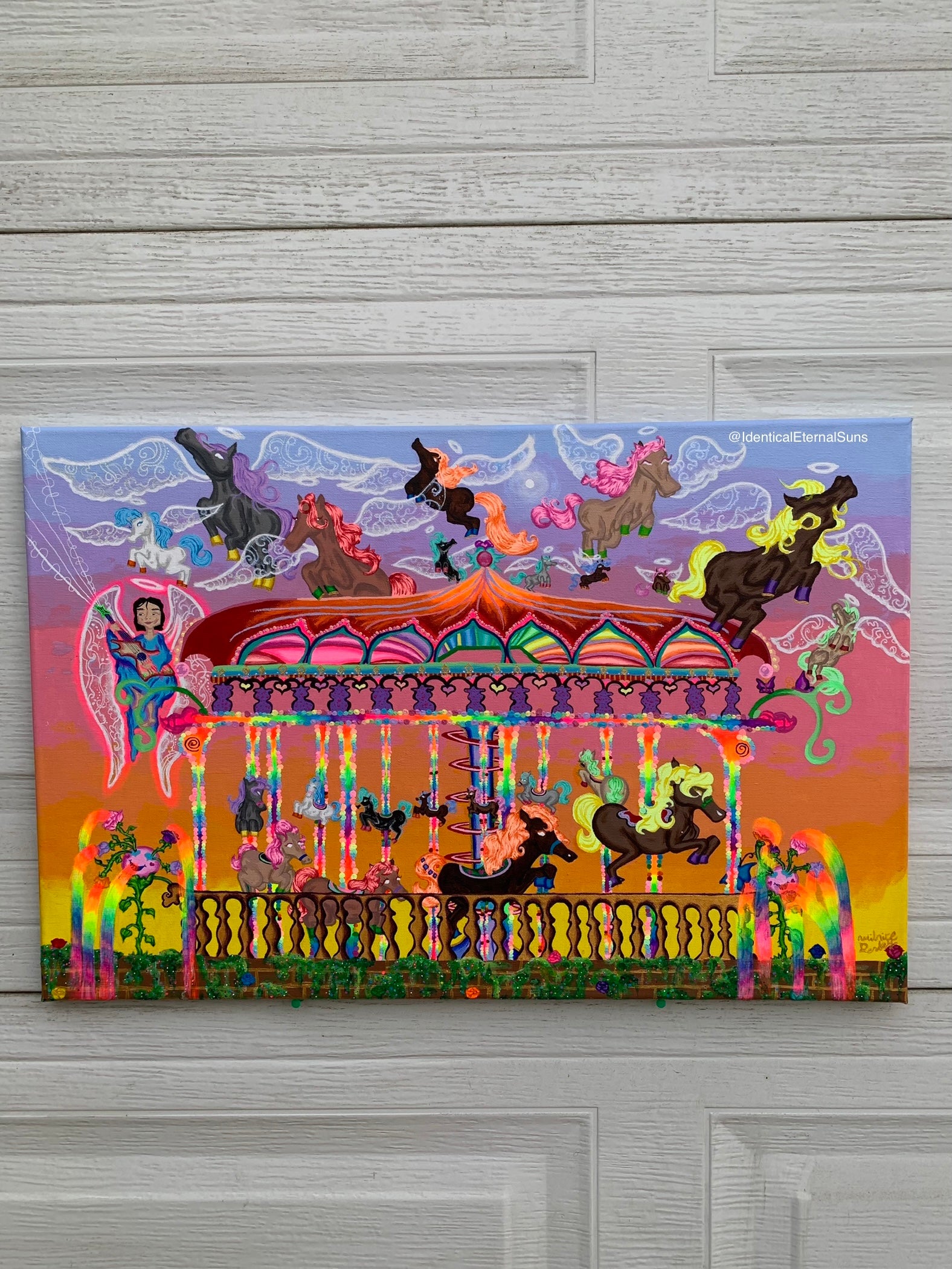 #carousel #ponies #ponyride #merrygoround #amusementpark #childhoodunplugged #whimsical #ecstatic #joyful #kidcore #nostalgia #innerchild #innerchildhealing #arte #contemporaryart #surrealism #ponyart #freedom #giddyup #colorful #majestic #wonderland #painting