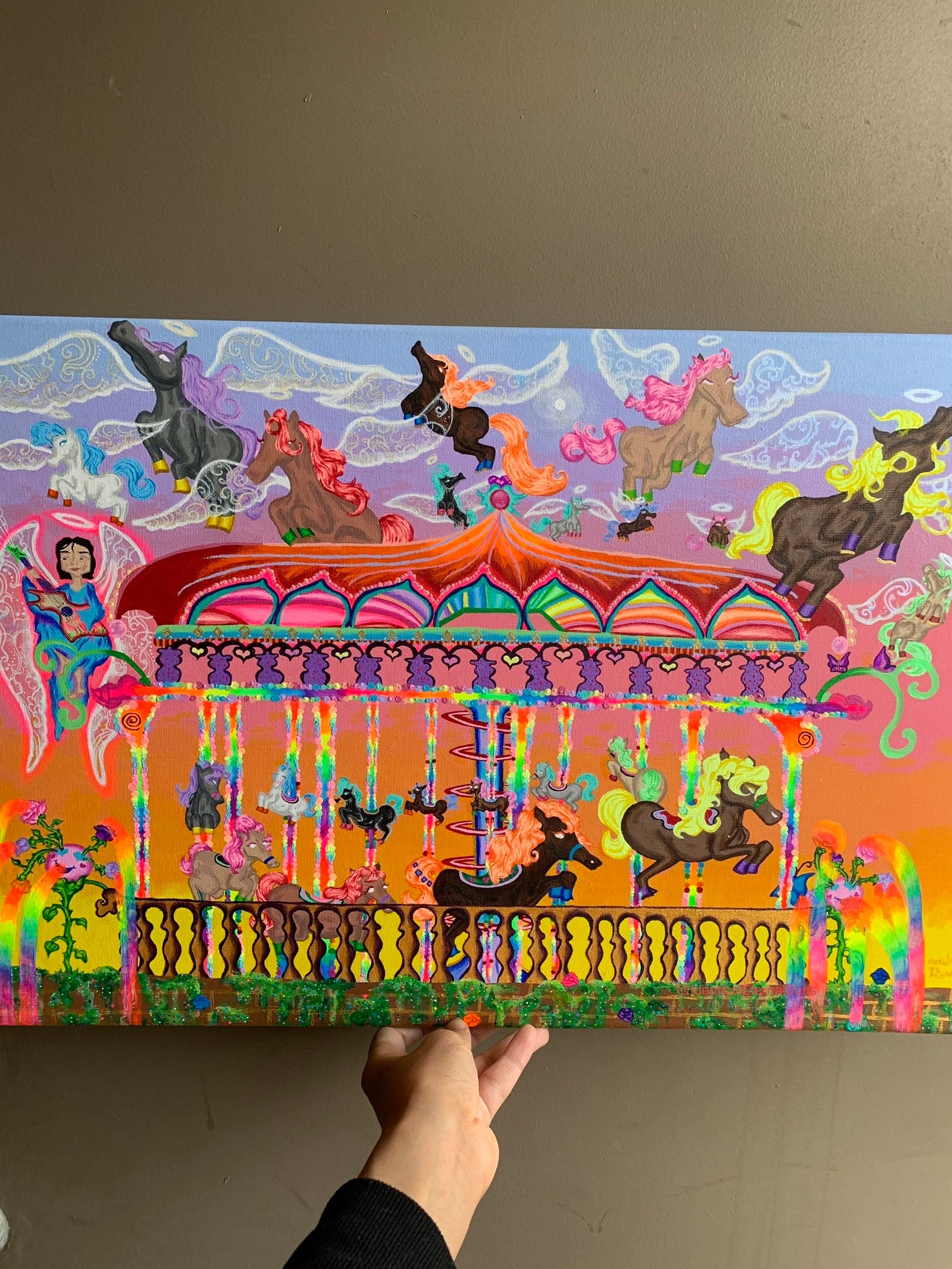 #carousel #ponies #ponyride #merrygoround #amusementpark #childhoodunplugged #whimsical #ecstatic #joyful #kidcore #nostalgia #innerchild #innerchildhealing #arte #contemporaryart #surrealism #ponyart #freedom #giddyup #colorful #majestic #wonderland #painting