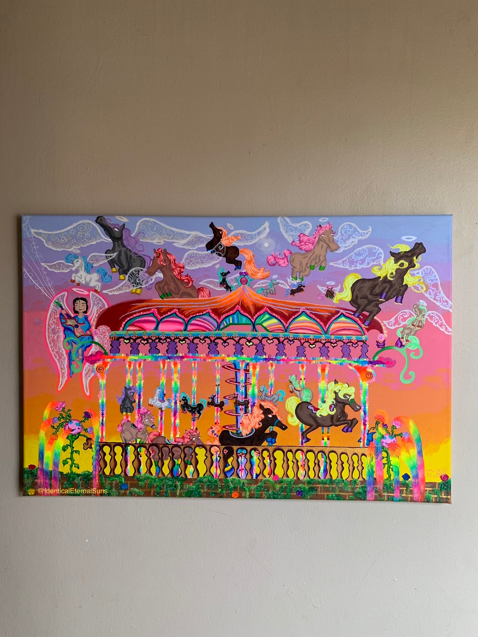 #carousel #ponies #ponyride #merrygoround #amusementpark #childhoodunplugged #whimsical #ecstatic #joyful #kidcore #nostalgia #innerchild #innerchildhealing #arte #contemporaryart #surrealism #ponyart #freedom #giddyup #colorful #majestic #wonderland #painting