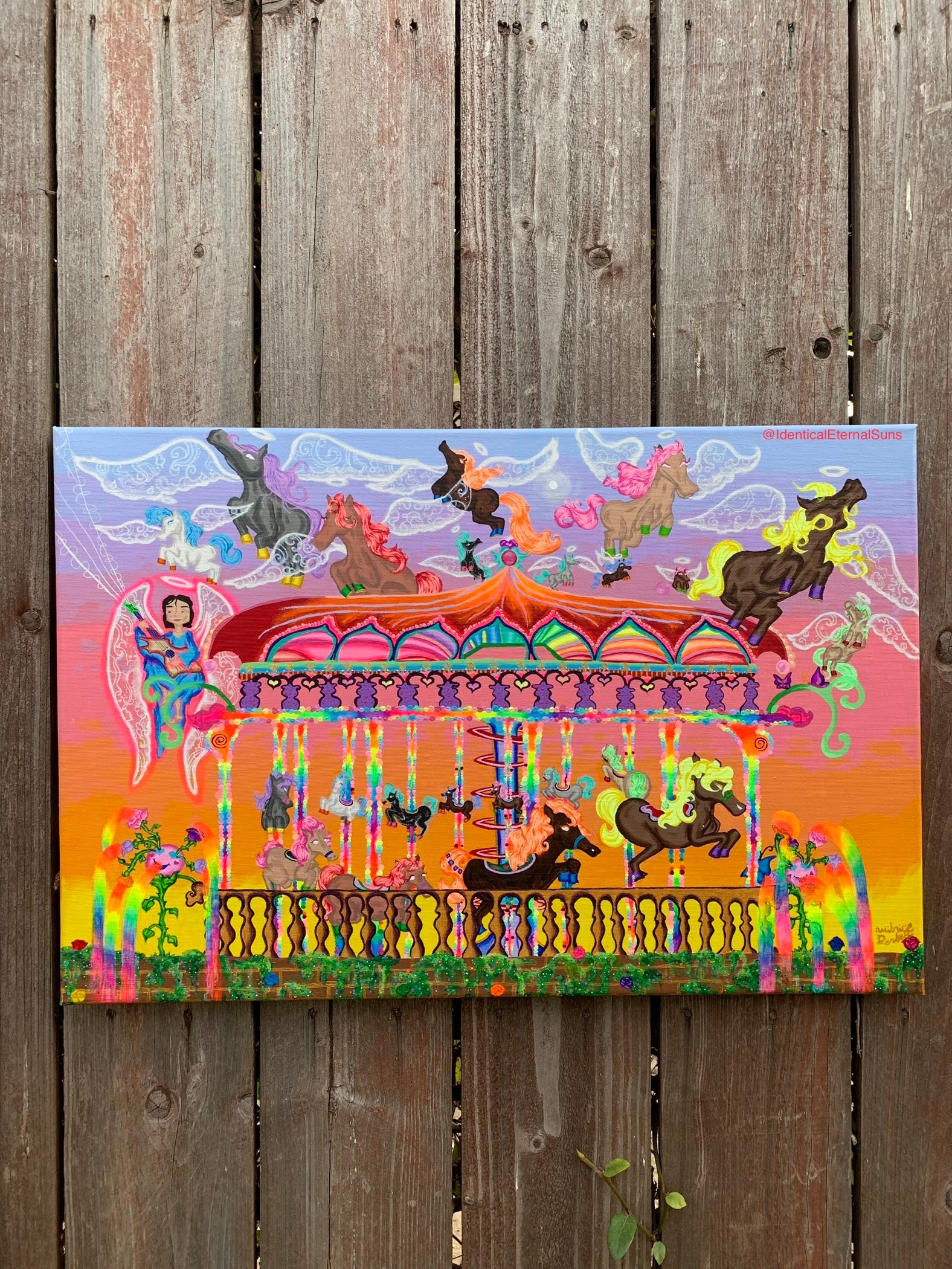 #carousel #ponies #ponyride #merrygoround #amusementpark #childhoodunplugged #whimsical #ecstatic #joyful #kidcore #nostalgia #innerchild #innerchildhealing #arte #contemporaryart #surrealism #ponyart #freedom #giddyup #colorful #majestic #wonderland #painting