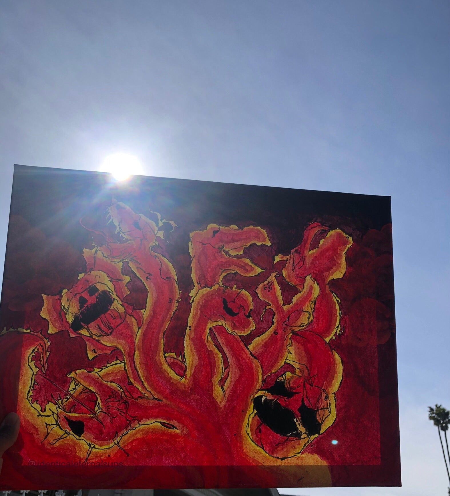 Red Hydras, multiple-headed dragons, trippy hydra painting, hydra artwork, hydra painting for sale, hydra heads artwork for sale, multiple hydra heads artwork, hydra art, hydra family, Thermal Hydras Original Painting, IdenticalEternalSuns, red room decor, Aries art