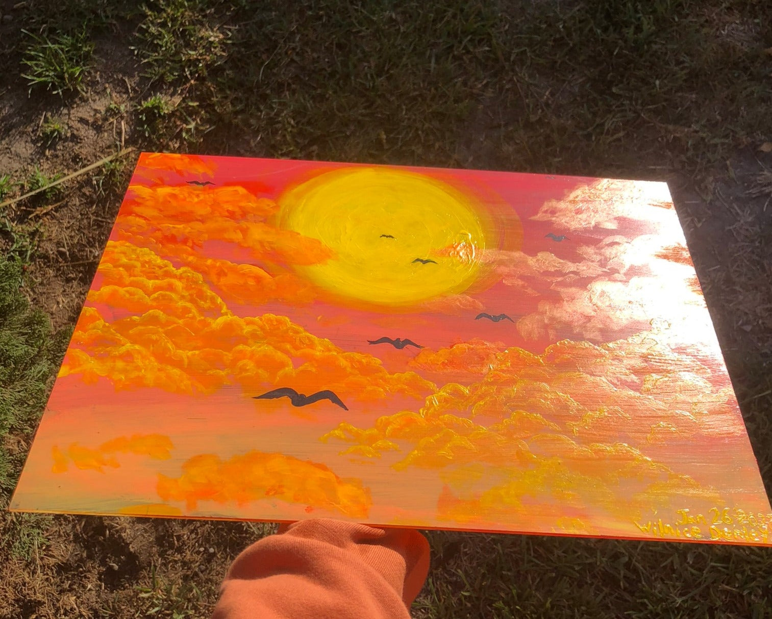 Warm Golden Hour Sunset Horizon Original Painting, summer painting, summer, sun artwork for sale, horizon, bird artwork for sale, golden hour artwork, golden hour, golden hour painting for sale, calm, serene, sunlight, sunshine, sunset, sunset painting, sunset painting for sale, sunrise, sunrise painting, sunrise painting for sale, sunset art, sunrise art, Sunset painting for sale. Golden hour sunset artwork for sale. Bird migration artwork. Flying birds by the sun artwork, identicaleternalsuns