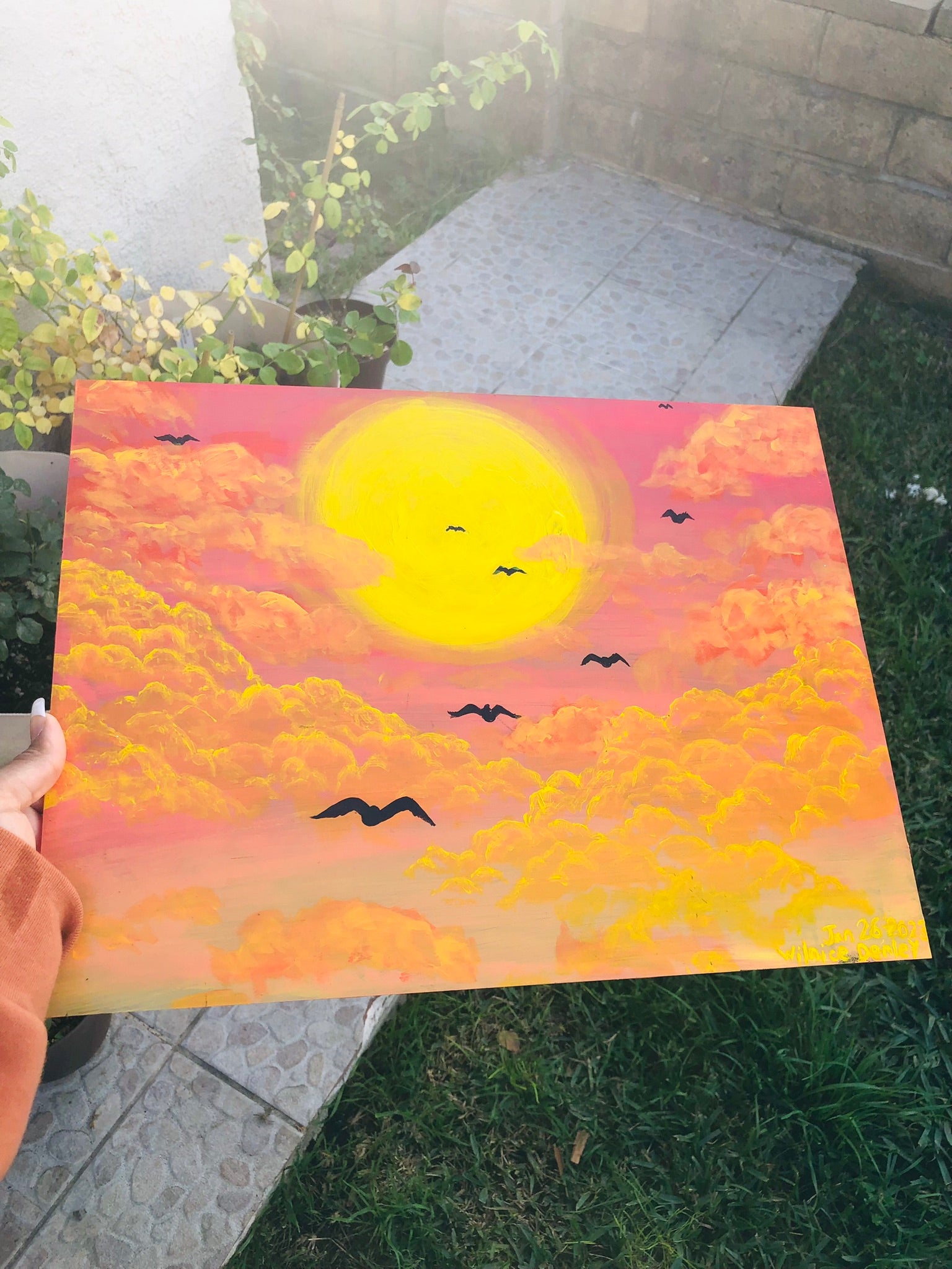 Warm Golden Hour Sunset Horizon Original Painting, summer painting, summer, sun artwork for sale, horizon, bird artwork for sale, golden hour artwork, golden hour, golden hour painting for sale, calm, serene, sunlight, sunshine, sunset, sunset painting, sunset painting for sale, sunrise, sunrise painting, sunrise painting for sale, sunset art, sunrise art, Sunset painting for sale. Golden hour sunset artwork for sale. Bird migration artwork. Flying birds by the sun artwork, identicaleternalsuns