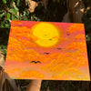 Warm Golden Hour Sunset Horizon Original Painting, summer painting, summer, sun artwork for sale, horizon, bird artwork for sale, golden hour artwork, golden hour, golden hour painting for sale, calm, serene, sunlight, sunshine, sunset, sunset painting, sunset painting for sale, sunrise, sunrise painting, sunrise painting for sale, sunset art, sunrise art, Sunset painting for sale. Golden hour sunset artwork for sale. Bird migration artwork. Flying birds by the sun artwork, identicaleternalsuns