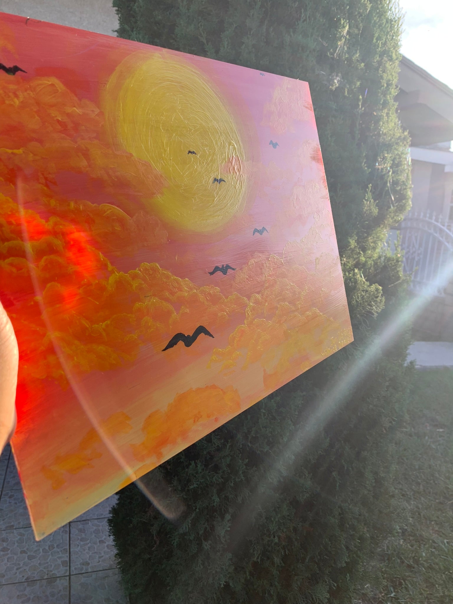 Warm Golden Hour Sunset Horizon Original Painting, summer painting, summer, sun artwork for sale, horizon, bird artwork for sale, golden hour artwork, golden hour, golden hour painting for sale, calm, serene, sunlight, sunshine, sunset, sunset painting, sunset painting for sale, sunrise, sunrise painting, sunrise painting for sale, sunset art, sunrise art, Sunset painting for sale. Golden hour sunset artwork for sale. Bird migration artwork. Flying birds by the sun artwork, identicaleternalsuns