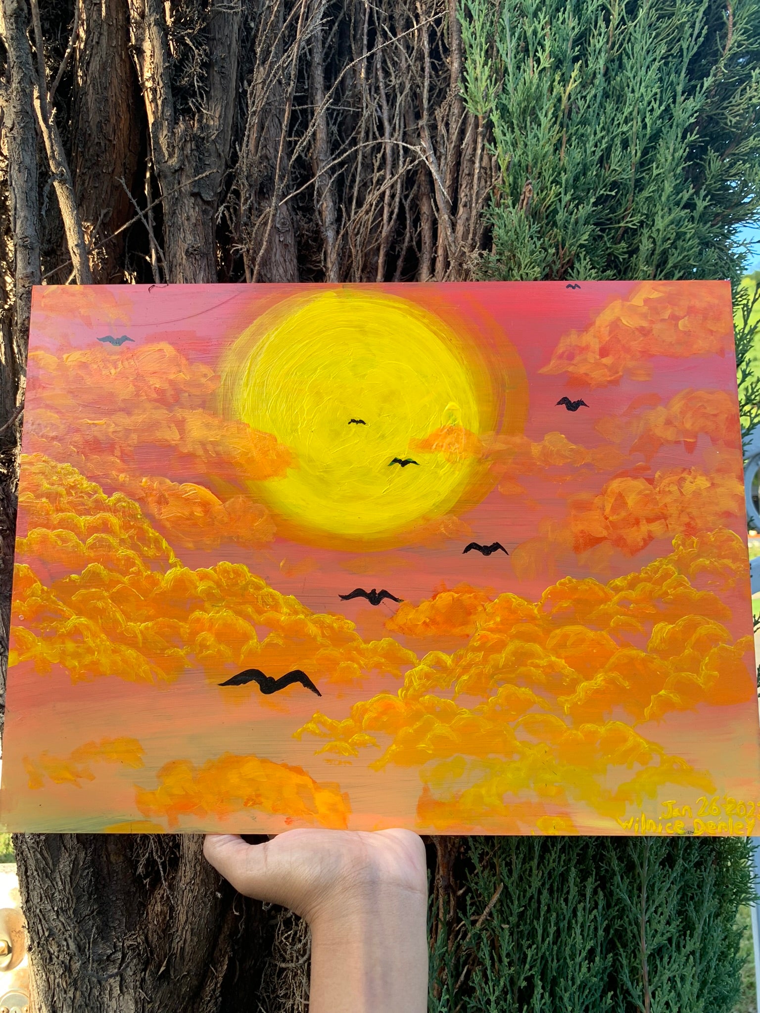 Warm Golden Hour Sunset Horizon Original Painting, summer painting, summer, sun artwork for sale, horizon, bird artwork for sale, golden hour artwork, golden hour, golden hour painting for sale, calm, serene, sunlight, sunshine, sunset, sunset painting, sunset painting for sale, sunrise, sunrise painting, sunrise painting for sale, sunset art, sunrise art, Sunset painting for sale. Golden hour sunset artwork for sale. Bird migration artwork. Flying birds by the sun artwork, identicaleternalsuns