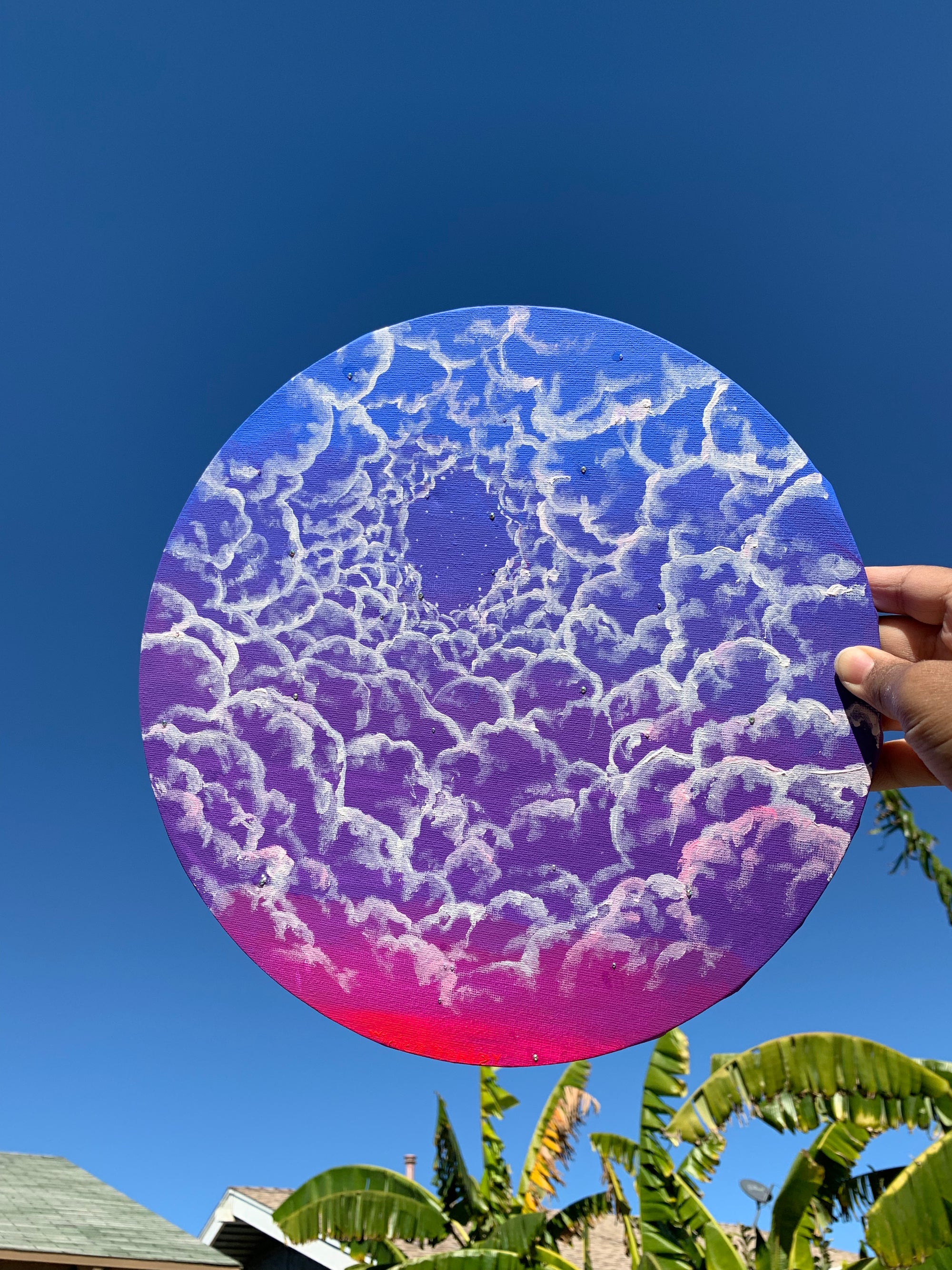 Neon cotton candy diamond skies Original Painting, A colorfully bright and vibrant cloud painting. Mixed media cloud painting embellished. mesmerizing cloud surrealism, diamond skies, stars in the sky, Vibrant colorful cloud painting. Violet Pink sky art on sale. Purple cloud embellished art. Cotton candy cloud round canvas art. Neon cloud painting. Identicaleternalsuns, Neon cotton candy diamond skies
