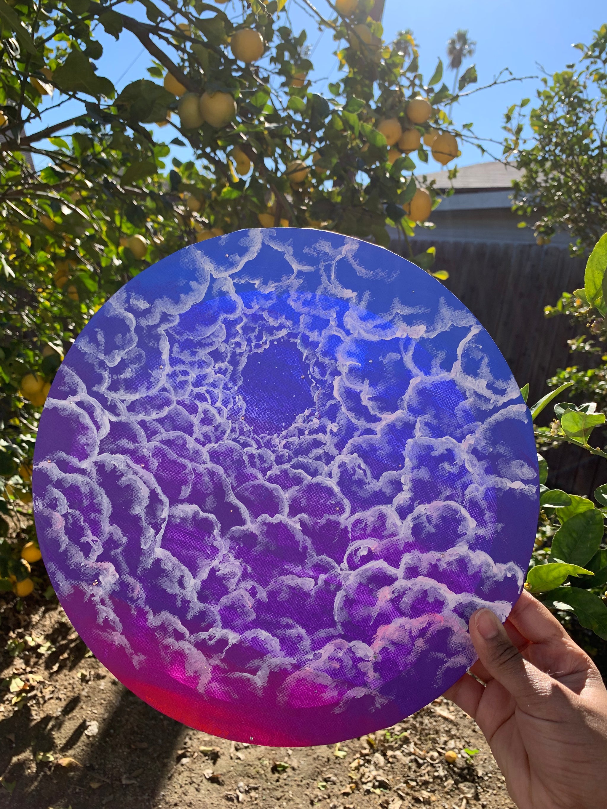 Neon cotton candy diamond skies Original Painting, A colorfully bright and vibrant cloud painting. Mixed media cloud painting embellished. mesmerizing cloud surrealism, diamond skies, stars in the sky, Vibrant colorful cloud painting. Violet Pink sky art on sale. Purple cloud embellished art. Cotton candy cloud round canvas art. Neon cloud painting. Identicaleternalsuns, Neon cotton candy diamond skies
