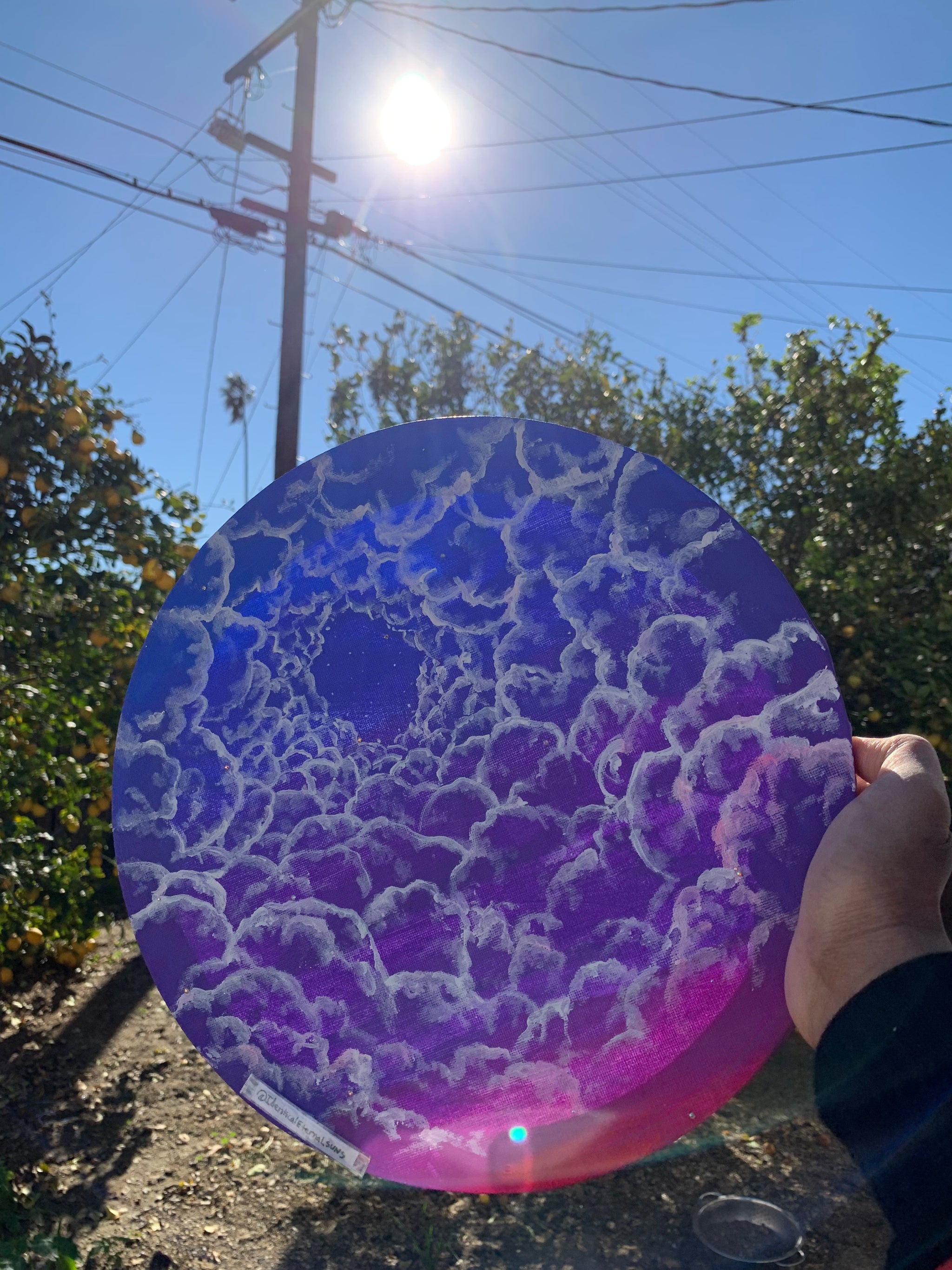 Neon cotton candy diamond skies Original Painting, A colorfully bright and vibrant cloud painting. Mixed media cloud painting embellished. mesmerizing cloud surrealism, diamond skies, stars in the sky, Vibrant colorful cloud painting. Violet Pink sky art on sale. Purple cloud embellished art. Cotton candy cloud round canvas art. Neon cloud painting. Identicaleternalsuns, Neon cotton candy diamond skies
