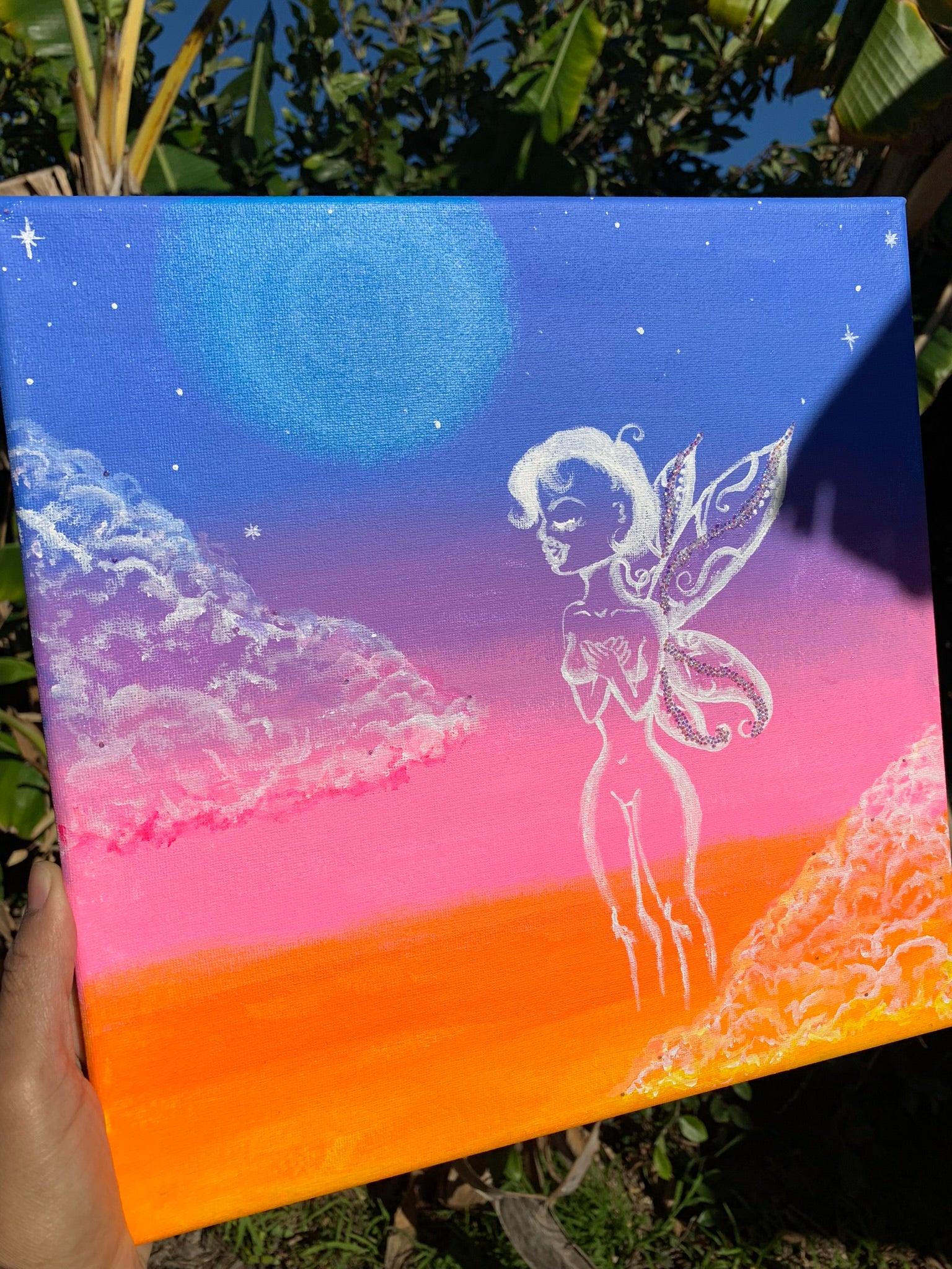 Sweetheart Diamond Femme Fairy from Mother Gaia visits the earth realm to assist in the collective heart awakening. Rhinestone artwork, Crystal fairy, sweetheart diamond fairy, Sparkle Fairy art. Faerie paintings, pixie fairy artwork for sale. Fairy Ombre Colorful art. Sweetheart Diamond Femme Fairy Embellished Acrylic painting, IdenticalEternalSuns