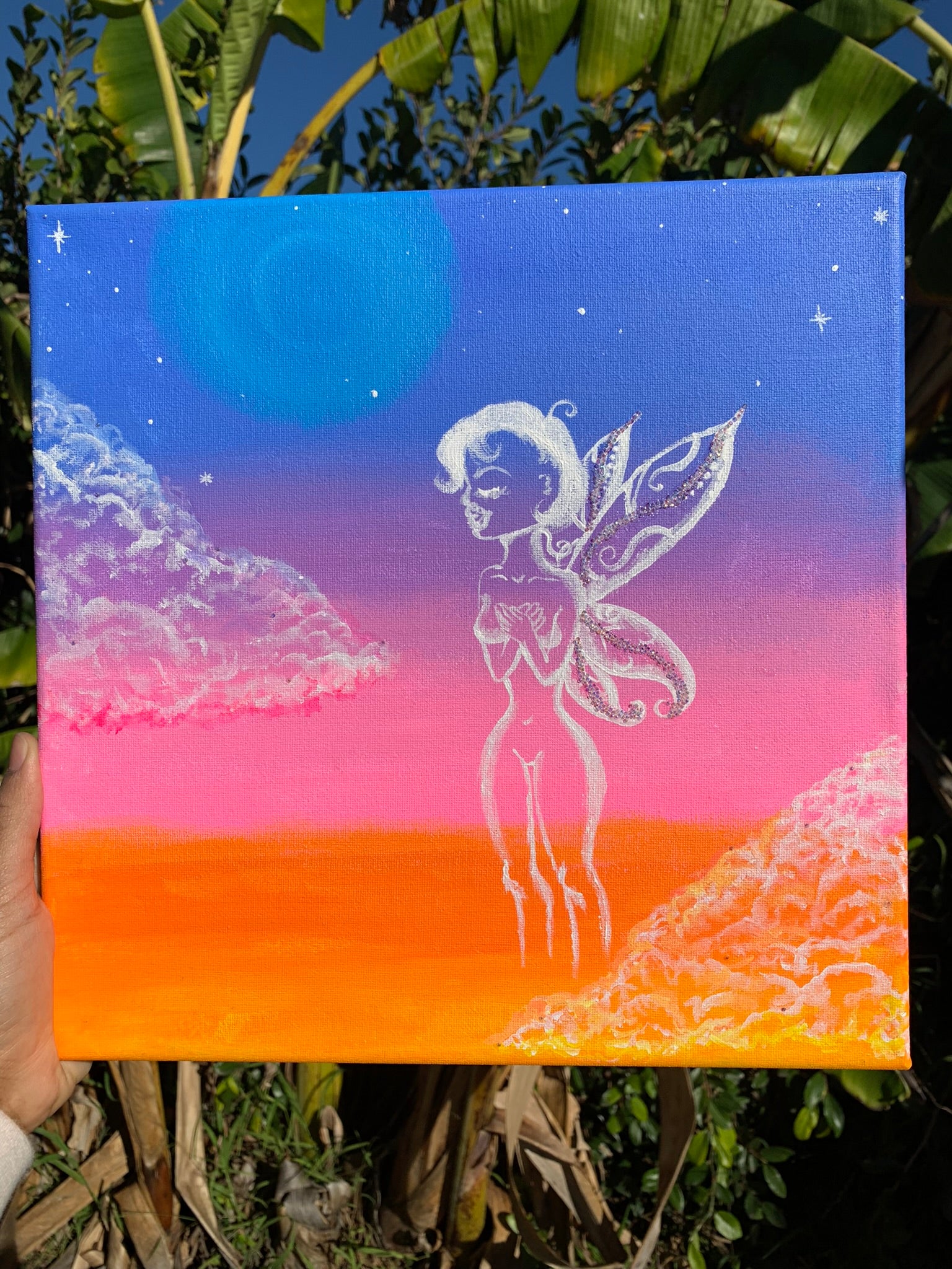 Sweetheart Diamond Femme Fairy from Mother Gaia visits the earth realm to assist in the collective heart awakening. Rhinestone artwork, Crystal fairy, sweetheart diamond fairy, Sparkle Fairy art. Faerie paintings, pixie fairy artwork for sale. Fairy Ombre Colorful art. Sweetheart Diamond Femme Fairy Embellished Acrylic painting, IdenticalEternalSuns