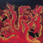 Red Hydras, multiple-headed dragons, trippy hydra painting, hydra artwork, hydra painting for sale, hydra heads artwork for sale, multiple hydra heads artwork, hydra art, hydra family, Thermal Hydras Original Painting, IdenticalEternalSuns, red room decor, Aries art