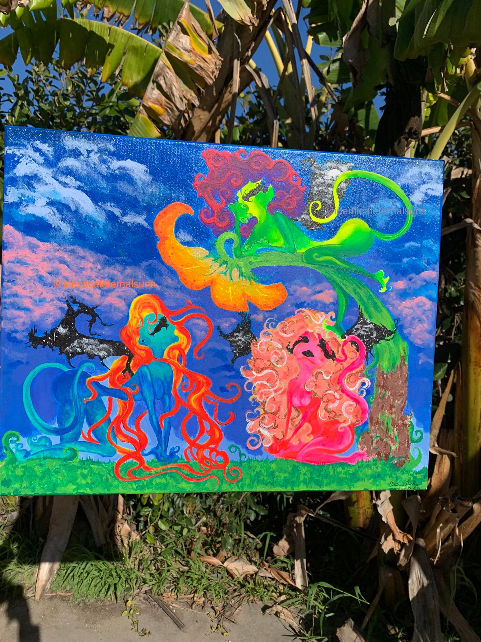 Whimsical creatures art, Beautiful mythical colorful creature artwork, Otherworldly alien painting, Femme alien artwork for sale, three feminine neon entities, Trippy Neon alien original canvas art, skateboard shop art, colorful a lien pop painting for sale, Trippy rave Alien artwork, Psychedelic alien canvas, Sci-Fi rainbow alien painting, IdenticalEternalSuns, Neon Ethereal Entities of Tara