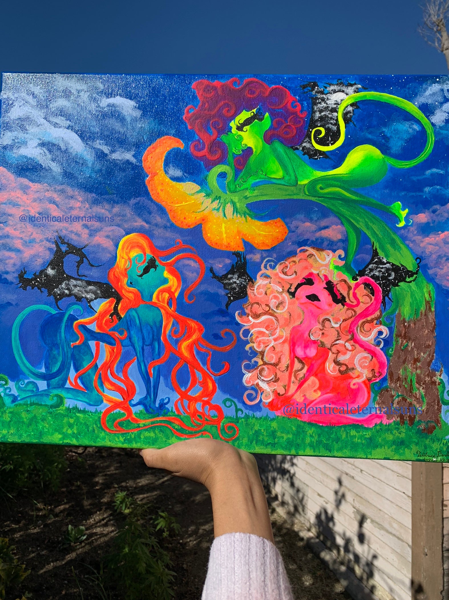 Whimsical creatures art, Beautiful mythical colorful creature artwork, Otherworldly alien painting, Femme alien artwork for sale, three feminine neon entities, Trippy Neon alien original canvas art, skateboard shop art, colorful a lien pop painting for sale, Trippy rave Alien artwork, Psychedelic alien canvas, Sci-Fi rainbow alien painting, IdenticalEternalSuns, Neon Ethereal Entities of Tara