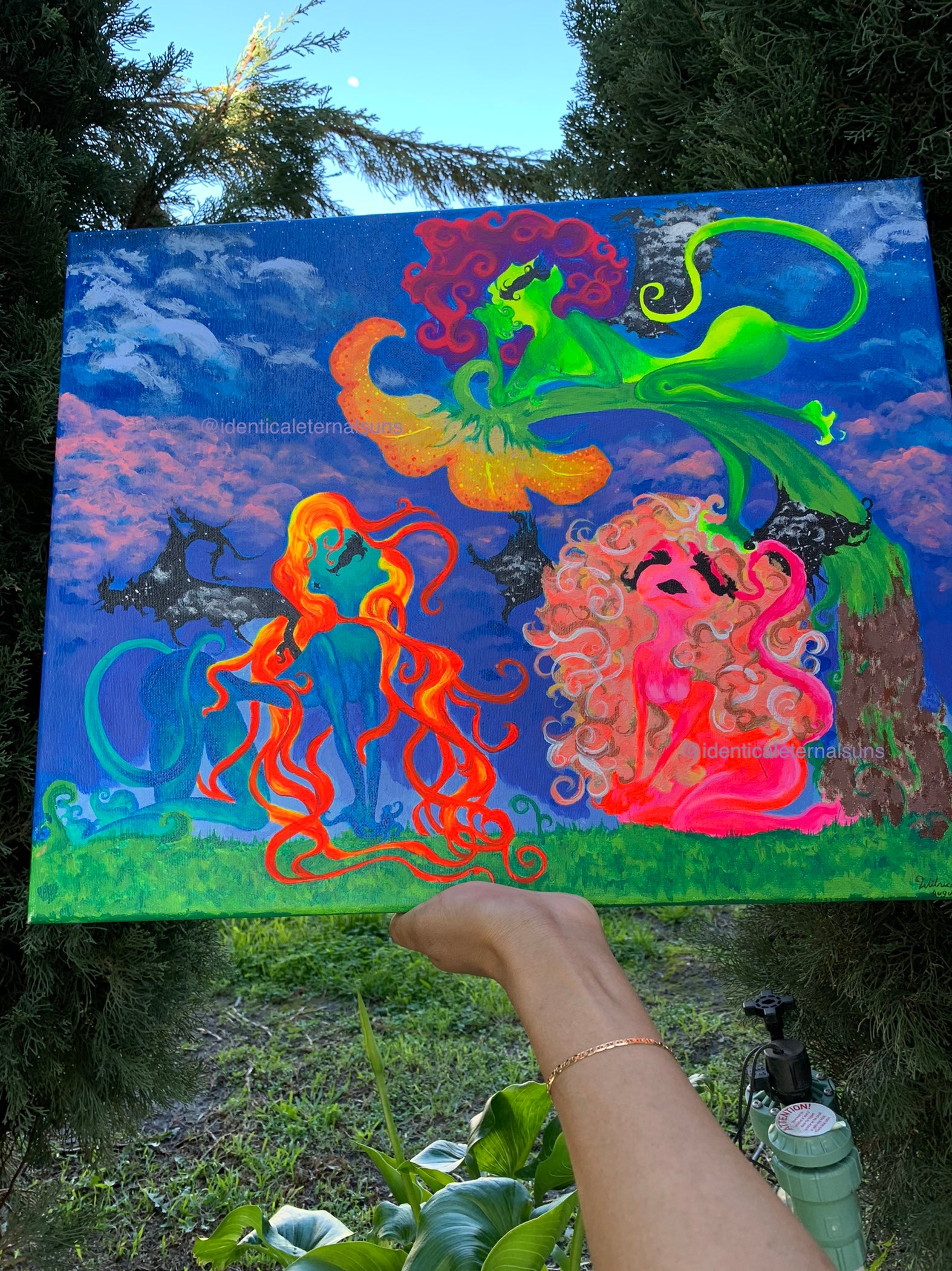 Whimsical creatures art, Beautiful mythical colorful creature artwork, Otherworldly alien painting, Femme alien artwork for sale, three feminine neon entities, Trippy Neon alien original canvas art, skateboard shop art, colorful a lien pop painting for sale, Trippy rave Alien artwork, Psychedelic alien canvas, Sci-Fi rainbow alien painting, IdenticalEternalSuns, Neon Ethereal Entities of Tara