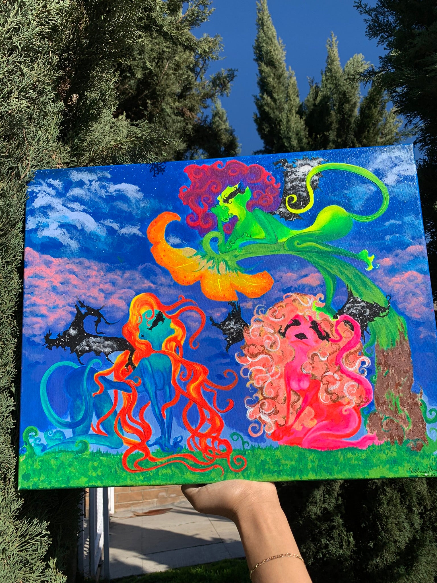 Whimsical creatures art, Beautiful mythical colorful creature artwork, Otherworldly alien painting, Femme alien artwork for sale, three feminine neon entities, Trippy Neon alien original canvas art, skateboard shop art, colorful a lien pop painting for sale, Trippy rave Alien artwork, Psychedelic alien canvas, Sci-Fi rainbow alien painting, IdenticalEternalSuns, Neon Ethereal Entities of Tara