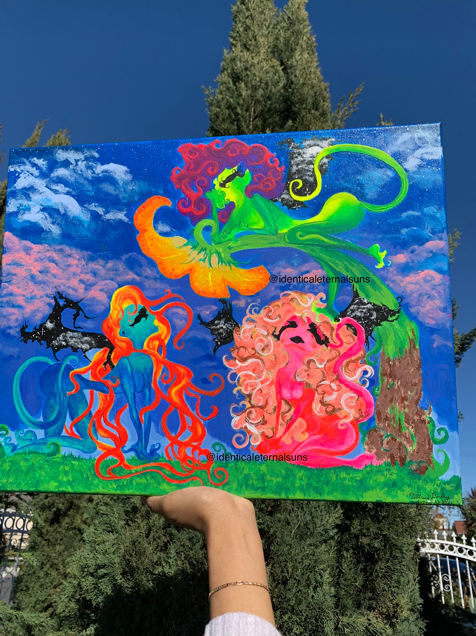 Whimsical creatures art, Beautiful mythical colorful creature artwork, Otherworldly alien painting, Femme alien artwork for sale, three feminine neon entities, Trippy Neon alien original canvas art, skateboard shop art, colorful a lien pop painting for sale, Trippy rave Alien artwork, Psychedelic alien canvas, Sci-Fi rainbow alien painting, IdenticalEternalSuns, Neon Ethereal Entities of Tara