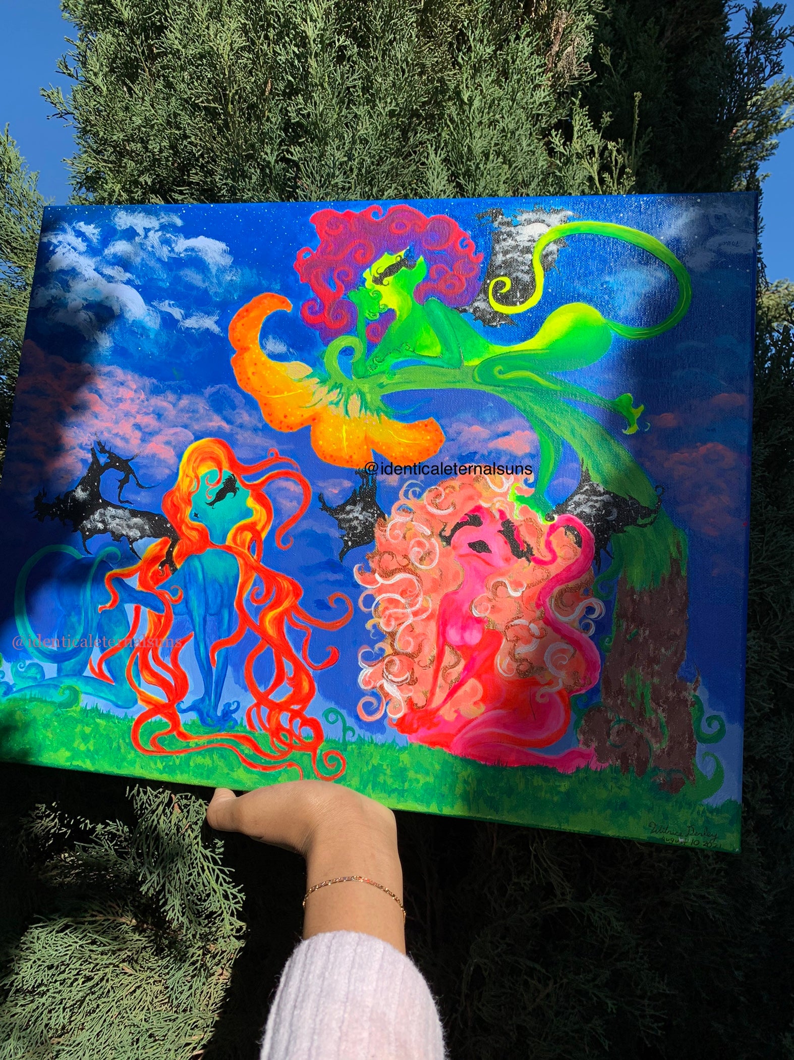 Whimsical creatures art, Beautiful mythical colorful creature artwork, Otherworldly alien painting, Femme alien artwork for sale, three feminine neon entities, Trippy Neon alien original canvas art, skateboard shop art, colorful a lien pop painting for sale, Trippy rave Alien artwork, Psychedelic alien canvas, Sci-Fi rainbow alien painting, IdenticalEternalSuns, Neon Ethereal Entities of Tara
