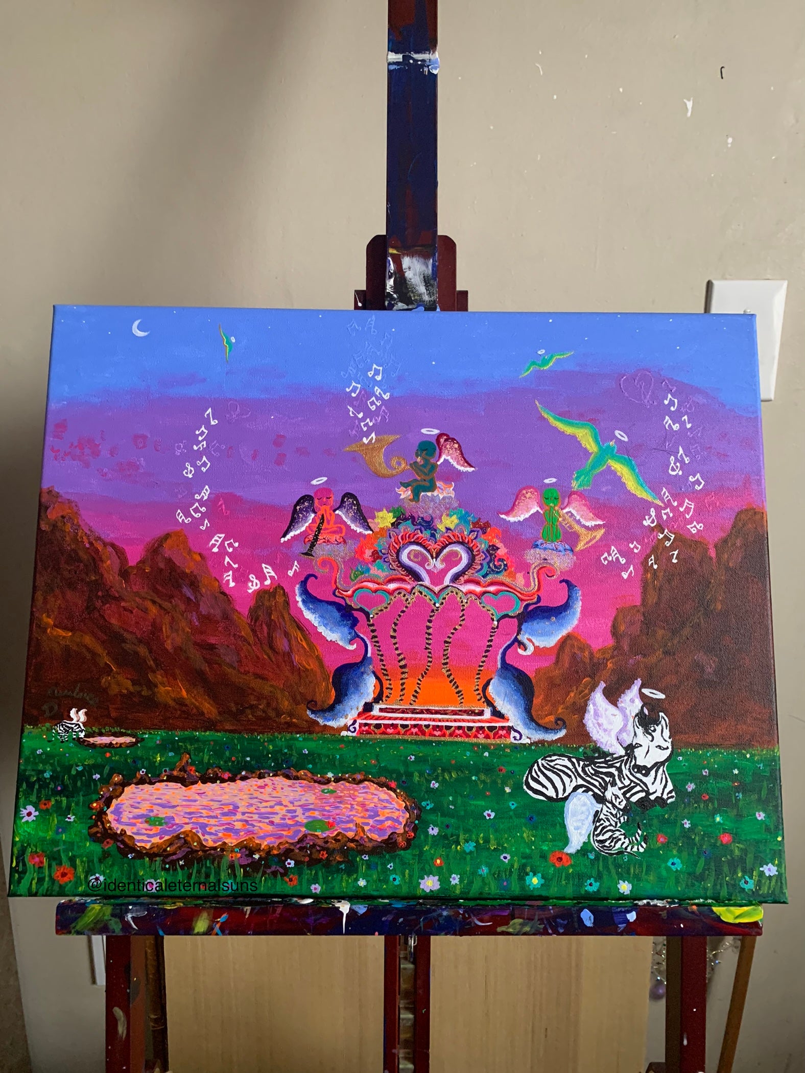 The flowery floral everlasting promise land original painting, Flowery floral everlasting promise land painting, promise land wall Art for nursery, dreamscapes, colorful baby cupids, whimsical wonderland artwork for sale, fantasyland, dreamy home decor, magical dreamy landscape paintings, otherworldly ethereal artwork for sale, florals, surreal floral artwork, childlike artwork, IdenticalEternalSuns