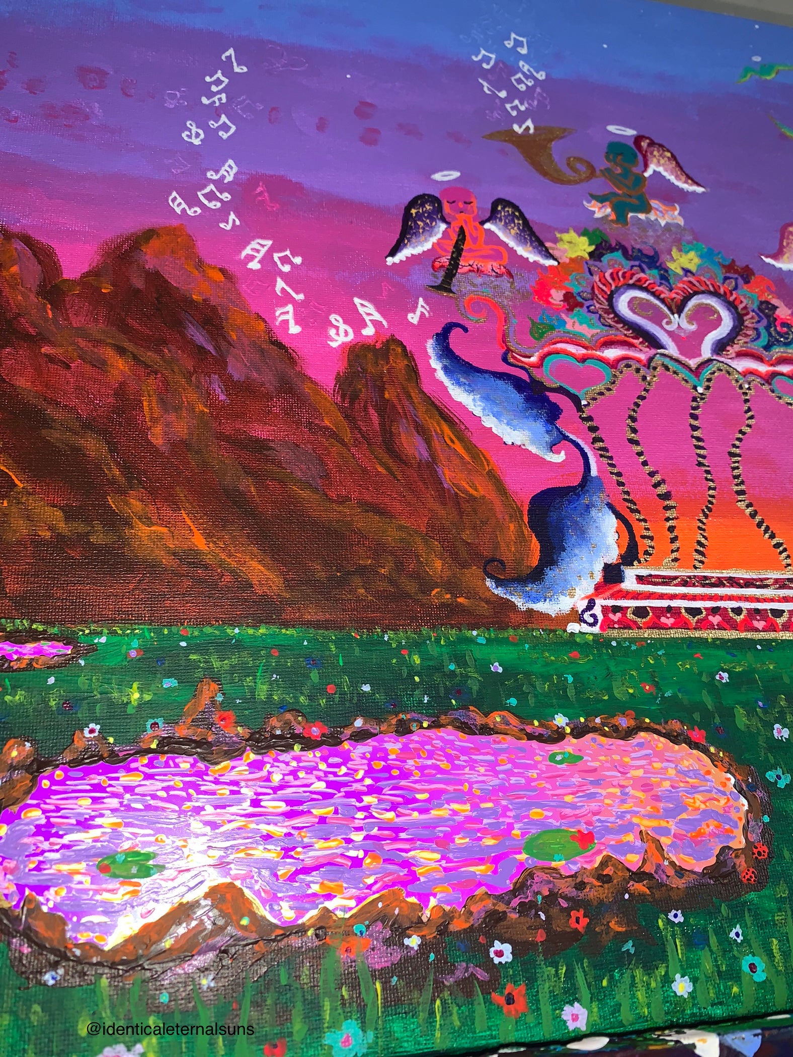 The flowery floral everlasting promise land original painting, Flowery floral everlasting promise land painting, promise land wall Art for nursery, dreamscapes, colorful baby cupids, whimsical wonderland artwork for sale, fantasyland, dreamy home decor, magical dreamy landscape paintings, otherworldly ethereal artwork for sale, florals, surreal floral artwork, childlike artwork, IdenticalEternalSuns, playful zebra art