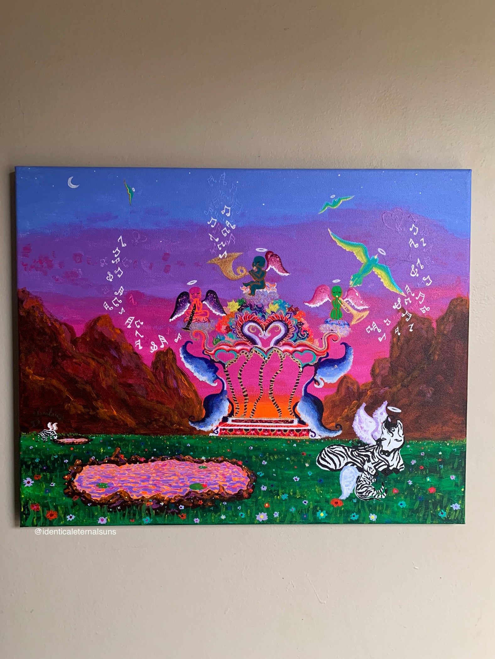 The flowery floral everlasting promise land original painting, Flowery floral everlasting promise land painting, promise land wall Art for nursery, dreamscapes, colorful baby cupids, whimsical wonderland artwork for sale, fantasyland, dreamy home decor, magical dreamy landscape paintings, otherworldly ethereal artwork for sale, florals, surreal floral artwork, childlike artwork, IdenticalEternalSuns, playful zebra art
