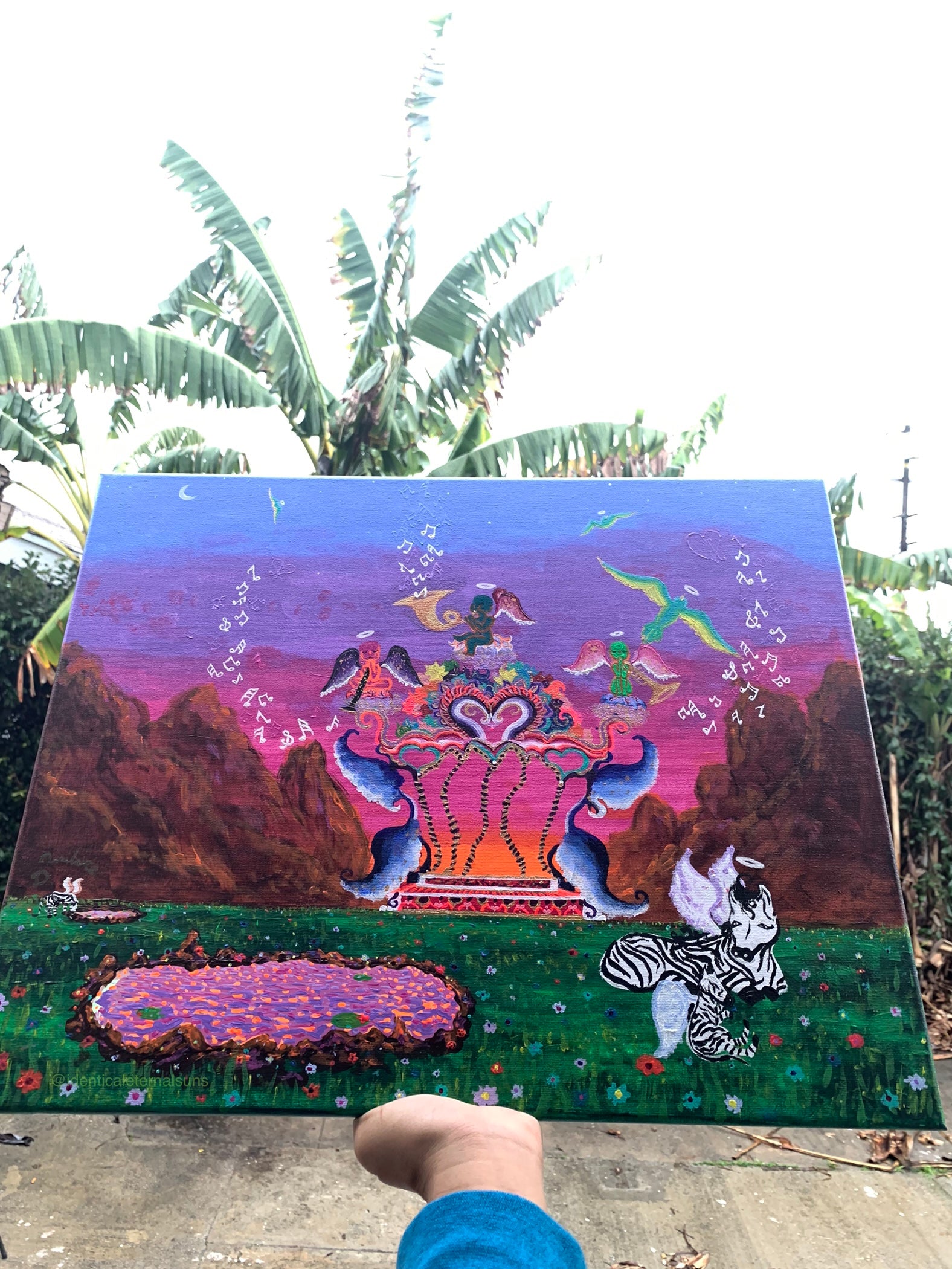 The flowery floral everlasting promise land original painting, Flowery floral everlasting promise land painting, promise land wall Art for nursery, dreamscapes, colorful baby cupids, whimsical wonderland artwork for sale, fantasyland, dreamy home decor, magical dreamy landscape paintings, otherworldly ethereal artwork for sale, florals, surreal floral artwork, childlike artwork, IdenticalEternalSuns, playful zebra art