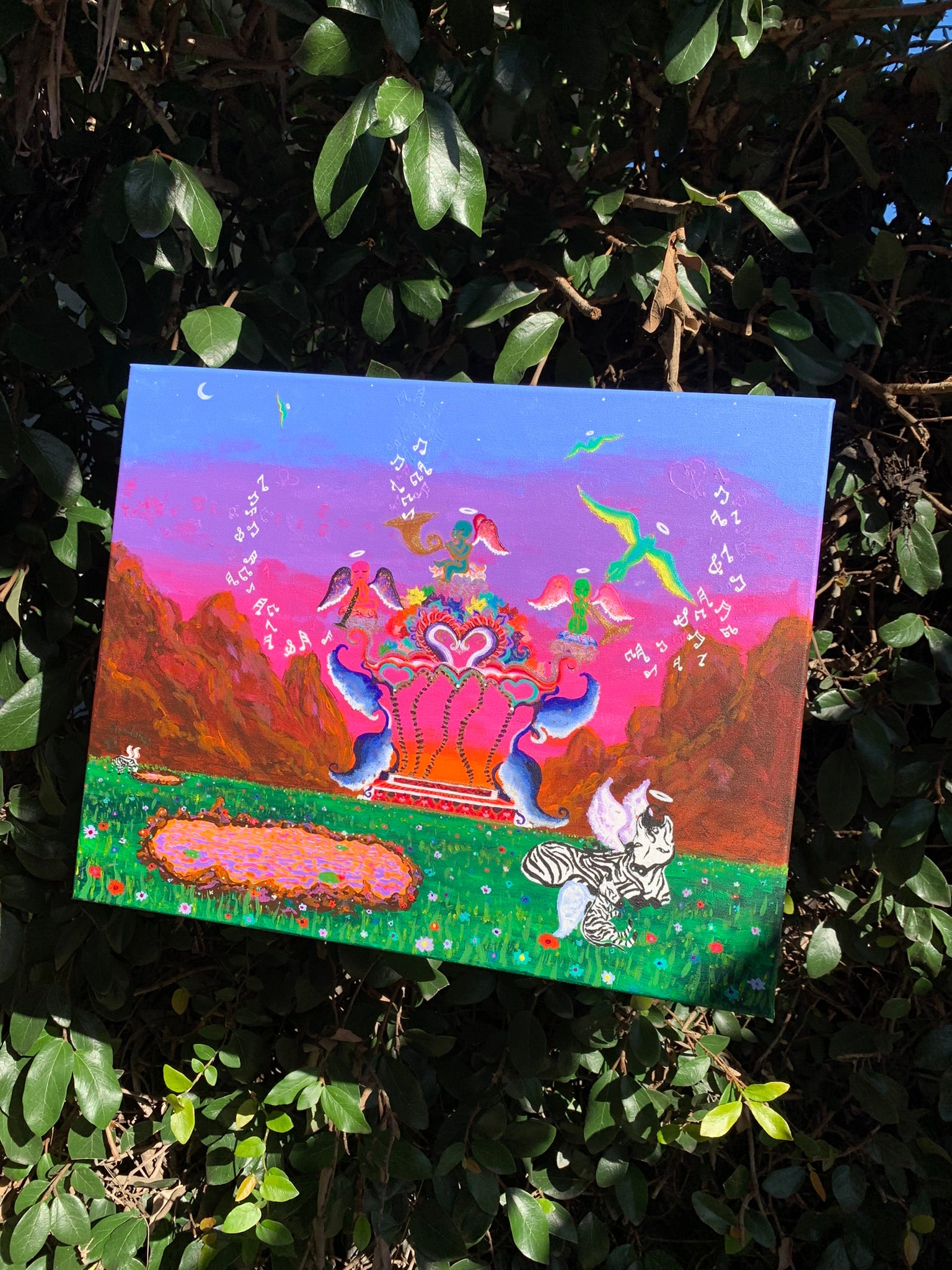 The flowery floral everlasting promise land original painting, Flowery floral everlasting promise land painting, promise land wall Art for nursery, dreamscapes, colorful baby cupids, whimsical wonderland artwork for sale, fantasyland, dreamy home decor, magical dreamy landscape paintings, otherworldly ethereal artwork for sale, florals, surreal floral artwork, childlike artwork, IdenticalEternalSuns, playful zebra art