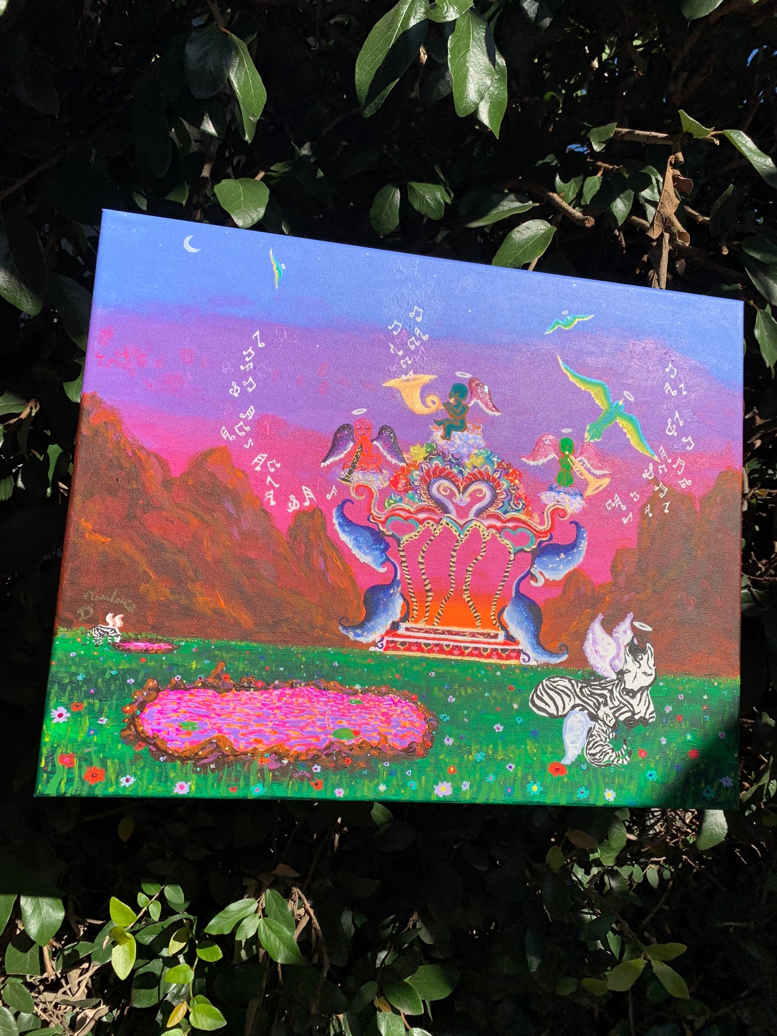 The flowery floral everlasting promise land original painting, Flowery floral everlasting promise land painting, promise land wall Art for nursery, dreamscapes, colorful baby cupids, whimsical wonderland artwork for sale, fantasyland, dreamy home decor, magical dreamy landscape paintings, otherworldly ethereal artwork for sale, florals, surreal floral artwork, childlike artwork, IdenticalEternalSuns, playful zebra art