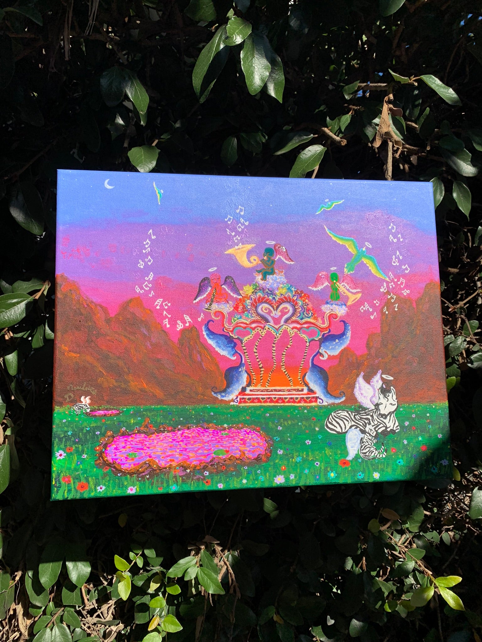The flowery floral everlasting promise land original painting, Flowery floral everlasting promise land painting, promise land wall Art for nursery, dreamscapes, colorful baby cupids, whimsical wonderland artwork for sale, fantasyland, dreamy home decor, magical dreamy landscape paintings, otherworldly ethereal artwork for sale, florals, surreal floral artwork, childlike artwork, IdenticalEternalSuns, playful zebra art