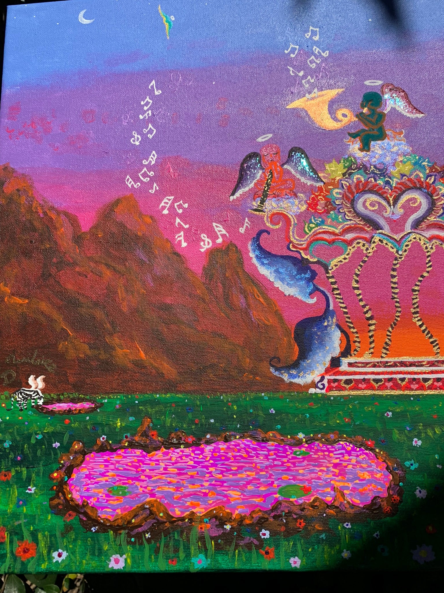 The flowery floral everlasting promise land original painting, Flowery floral everlasting promise land painting, promise land wall Art for nursery, dreamscapes, colorful baby cupids, whimsical wonderland artwork for sale, fantasyland, dreamy home decor, magical dreamy landscape paintings, otherworldly ethereal artwork for sale, florals, surreal floral artwork, childlike artwork, IdenticalEternalSuns, playful zebra art