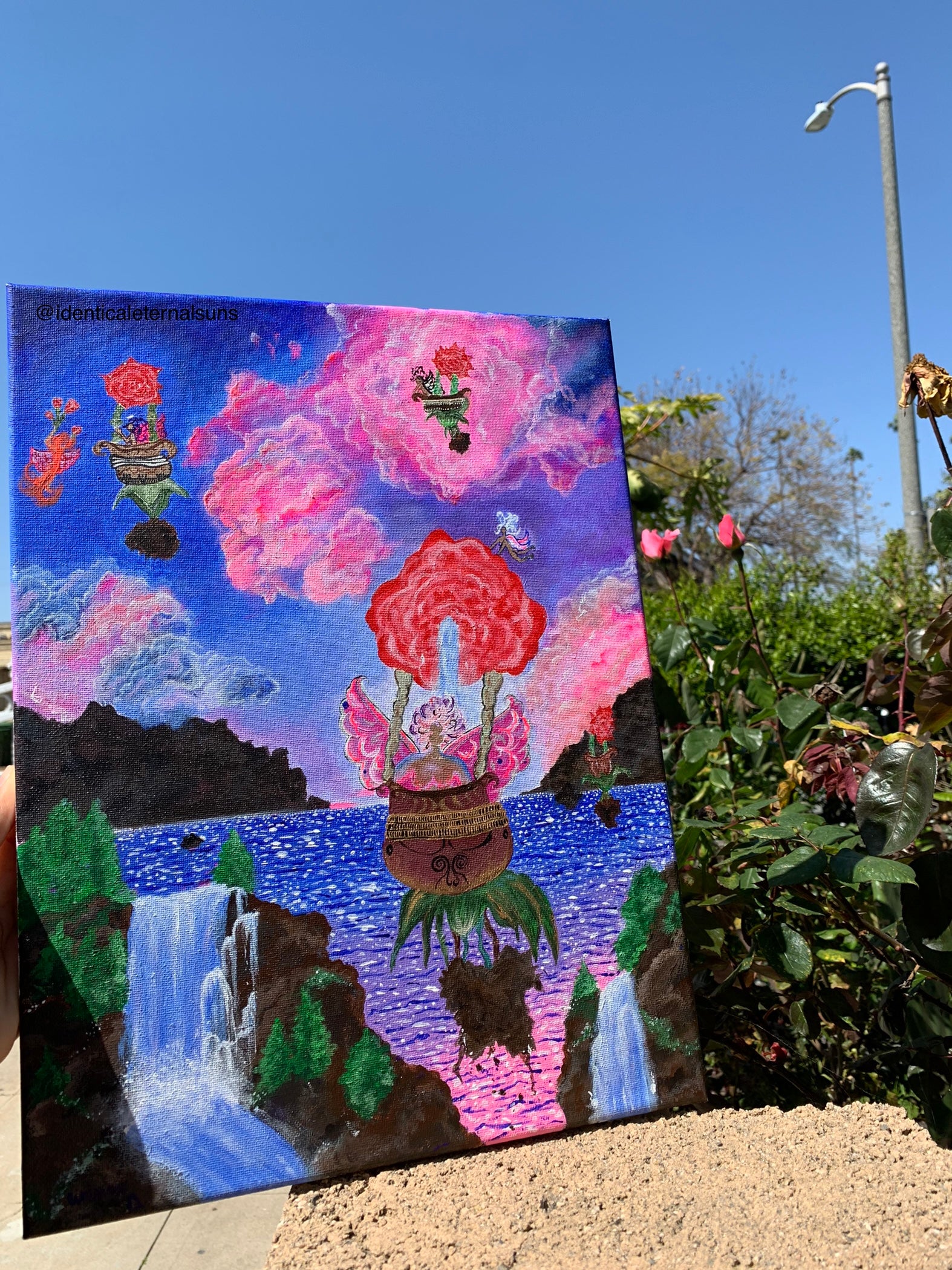 Rose gathering femmes take flight Original painting, Femme fairies from Mother Gaia takes flight in their new rose flower hot air ballooned vehicles. These fairies travel far and wide to make sure the frequencies in the air are encrypted with unconditional love. Surreal rose artwork. Rose Femmes painting for sale. Whimsical fantastical paintings and artworks for sale. Playful hot air balloon women, Identicaleternalsuns
