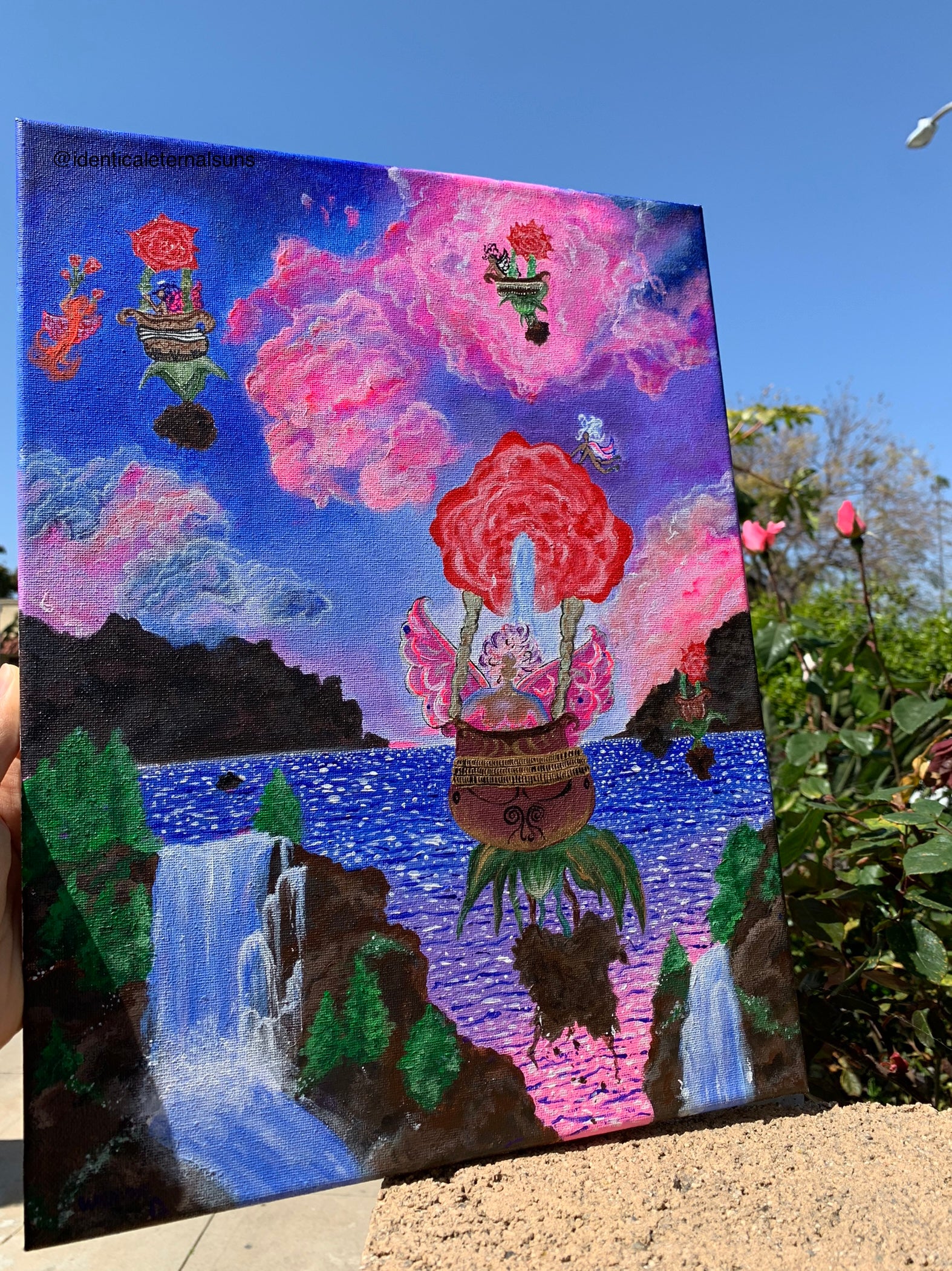 Rose gathering femmes take flight Original painting, Femme fairies from Mother Gaia takes flight in their new rose flower hot air ballooned vehicles. These fairies travel far and wide to make sure the frequencies in the air are encrypted with unconditional love. Surreal rose artwork. Rose Femmes painting for sale. Whimsical fantastical paintings and artworks for sale. Playful hot air balloon women, Identicaleternalsuns
