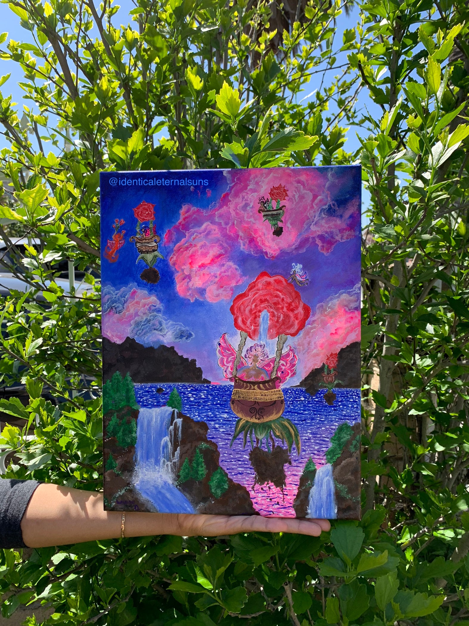 Rose gathering femmes take flight Original painting, Femme fairies from Mother Gaia takes flight in their new rose flower hot air ballooned vehicles. These fairies travel far and wide to make sure the frequencies in the air are encrypted with unconditional love. Surreal rose artwork. Rose Femmes painting for sale. Whimsical fantastical paintings and artworks for sale. Playful hot air balloon women, Identicaleternalsuns