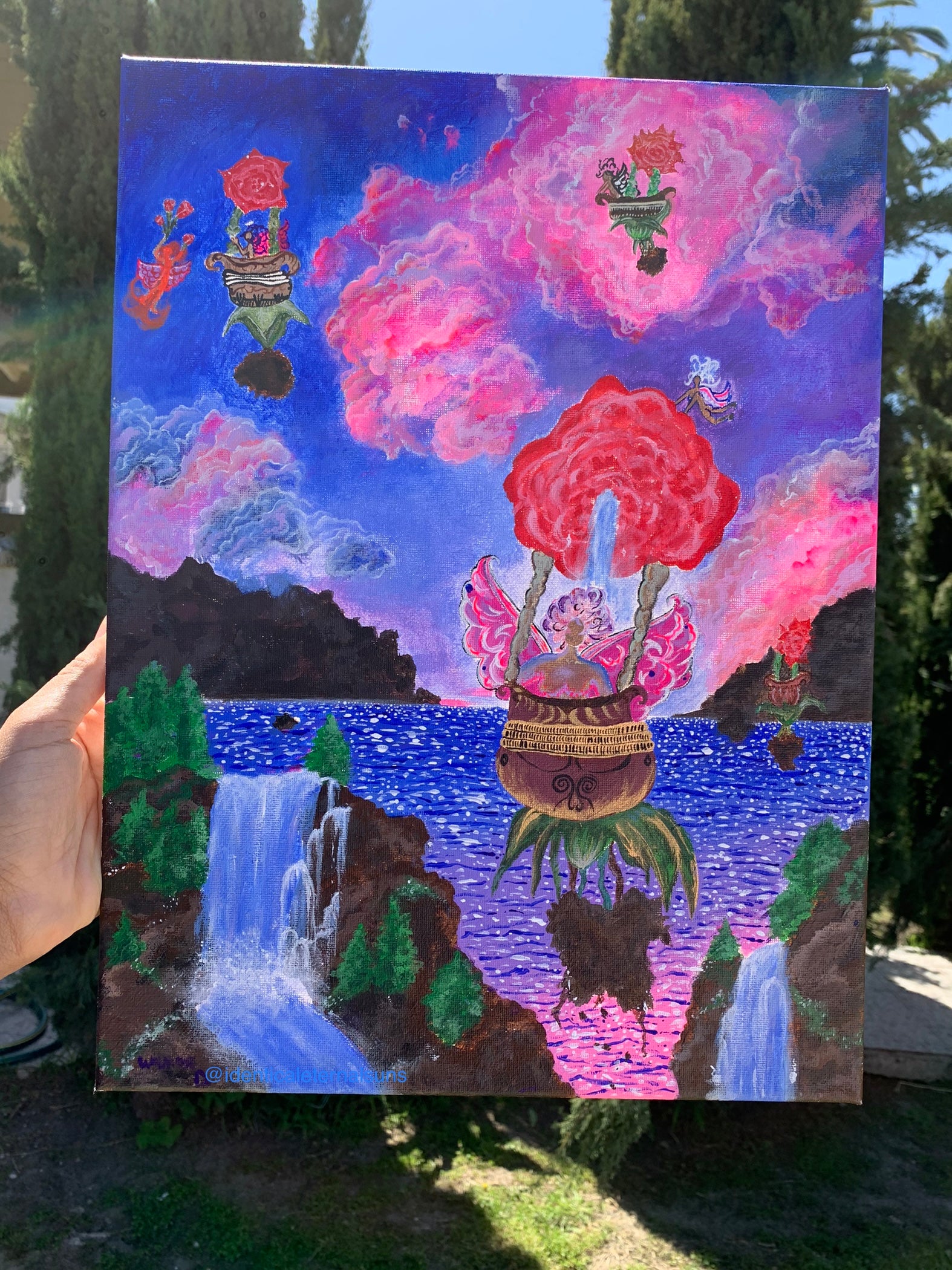 Rose gathering femmes take flight Original painting, Femme fairies from Mother Gaia takes flight in their new rose flower hot air ballooned vehicles. These fairies travel far and wide to make sure the frequencies in the air are encrypted with unconditional love. Surreal rose artwork. Rose Femmes painting for sale. Whimsical fantastical paintings and artworks for sale. Playful hot air balloon women, Identicaleternalsuns