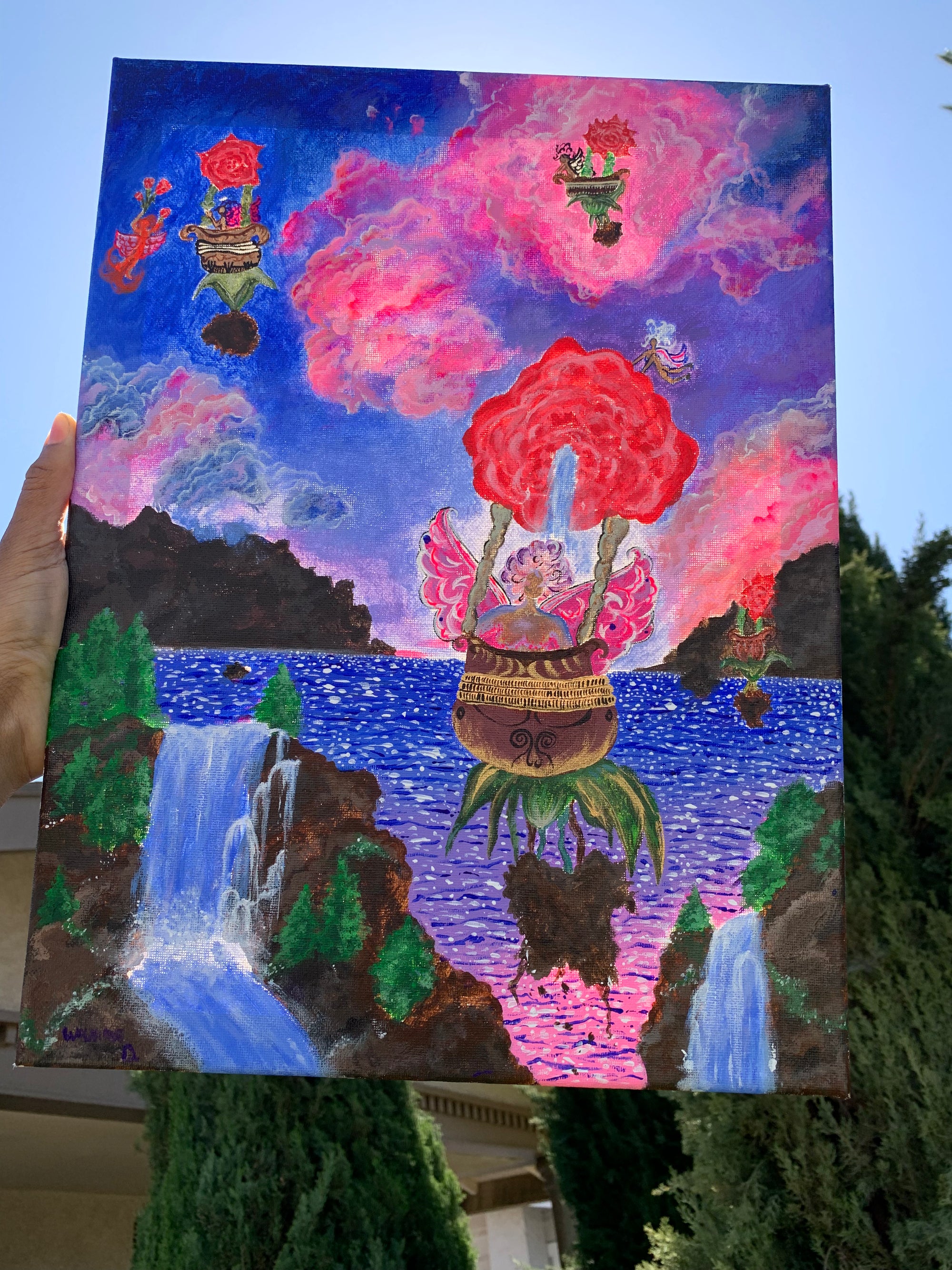 Rose gathering femmes take flight Original painting, Femme fairies from Mother Gaia takes flight in their new rose flower hot air ballooned vehicles. These fairies travel far and wide to make sure the frequencies in the air are encrypted with unconditional love. Surreal rose artwork. Rose Femmes painting for sale. Whimsical fantastical paintings and artworks for sale. Playful hot air balloon women, Identicaleternalsuns