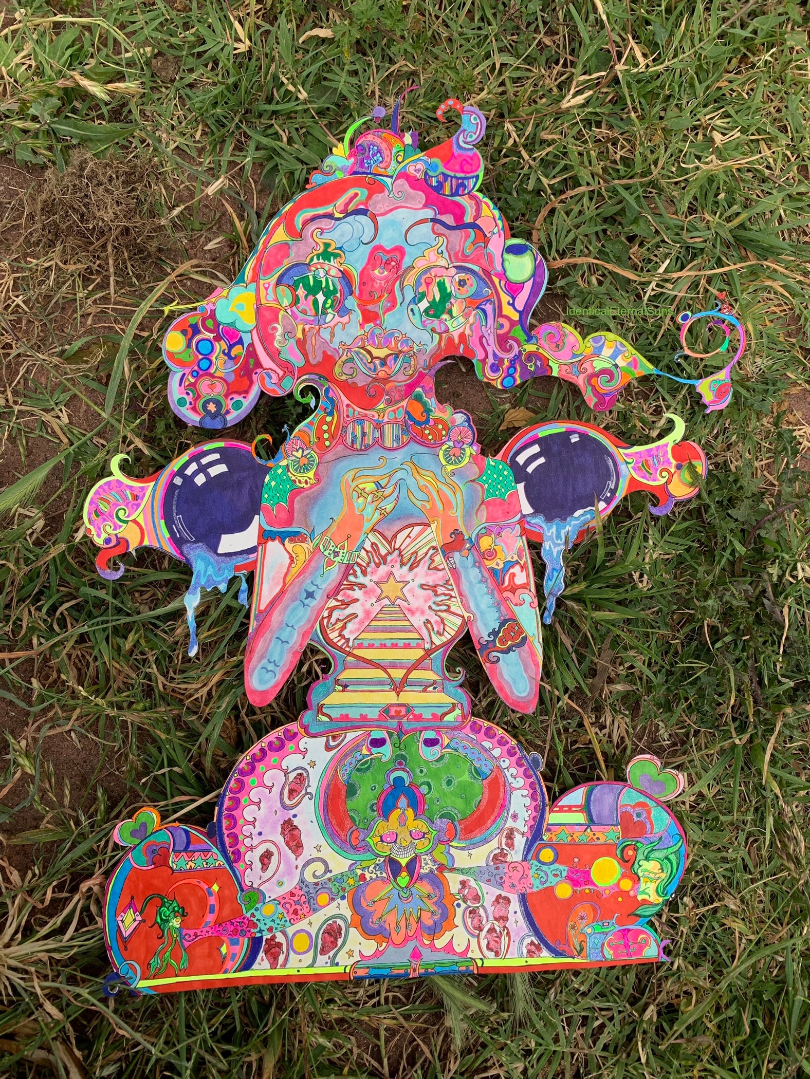 identicaleternalsuns, Orignal drawing, colorful ink drawing, trippy drawings, poster wall art, color burst, colorful detailed art, arte, extremely colored drawing, fantastical art designs, whimsical detailed, rainbow alien drawing, heart collector, precious-core, alien, scifiart, neon lights, rave, drawing, sketch, wonderland, otherworldly, divine, supernatural, creature, trippy drawings, feeling alive, The Delicate Heart Collector