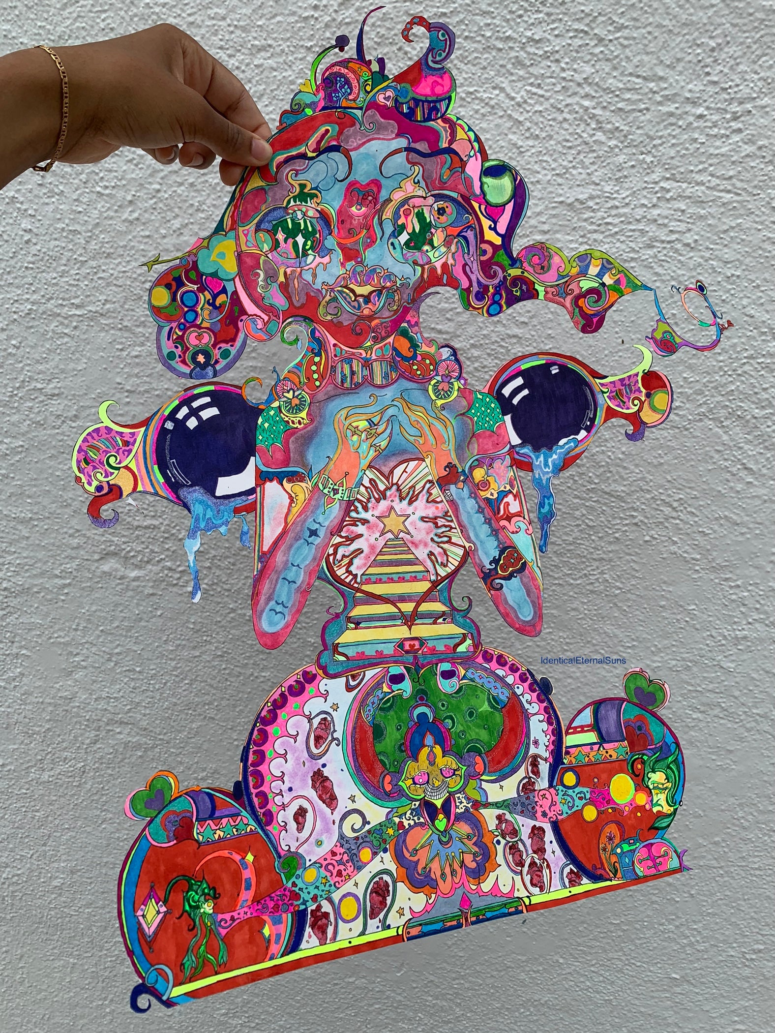identicaleternalsuns, Orignal drawing, colorful ink drawing, trippy drawings, poster wall art, color burst, colorful detailed art, arte, extremely colored drawing, fantastical art designs, whimsical detailed, rainbow alien drawing, heart collector, precious-core, alien, scifiart, neon lights, rave, drawing, sketch, wonderland, otherworldly, divine, supernatural, creature, trippy drawings, feeling alive, The Delicate Heart Collector