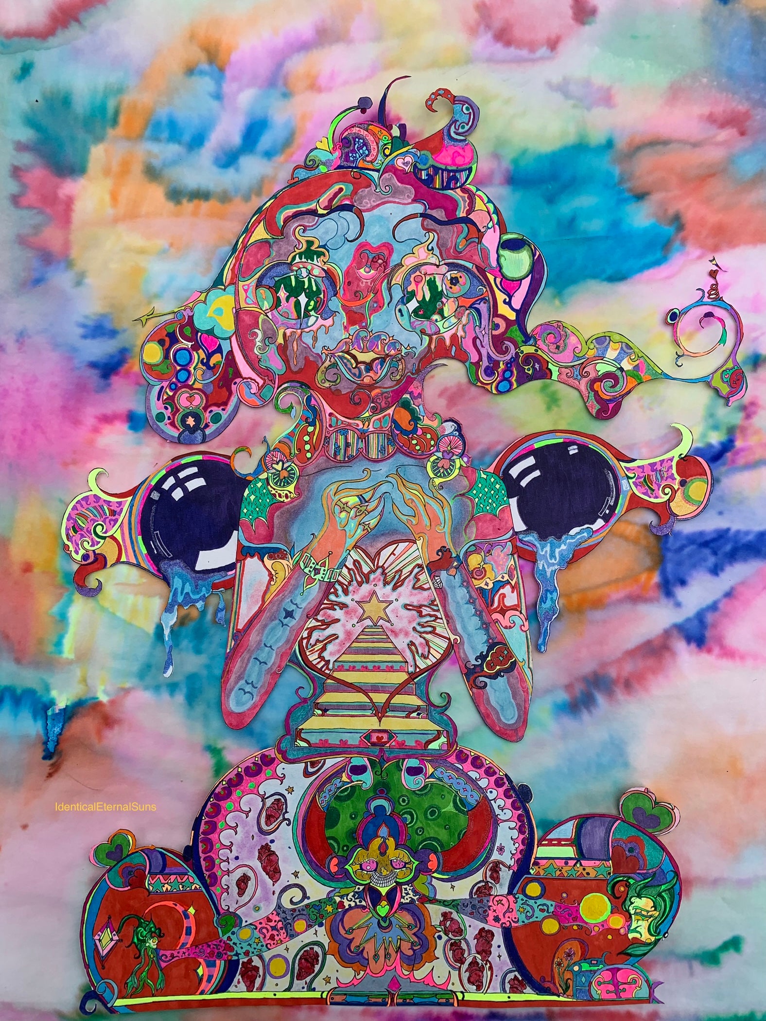 identicaleternalsuns, Orignal drawing, colorful ink drawing, trippy drawings, poster wall art, color burst, colorful detailed art, arte, extremely colored drawing, fantastical art designs, whimsical detailed, rainbow alien drawing, heart collector, precious-core, alien, scifiart, neon lights, rave, drawing, sketch, wonderland, otherworldly, divine, supernatural, creature, trippy drawings, feeling alive, The Delicate Heart Collector