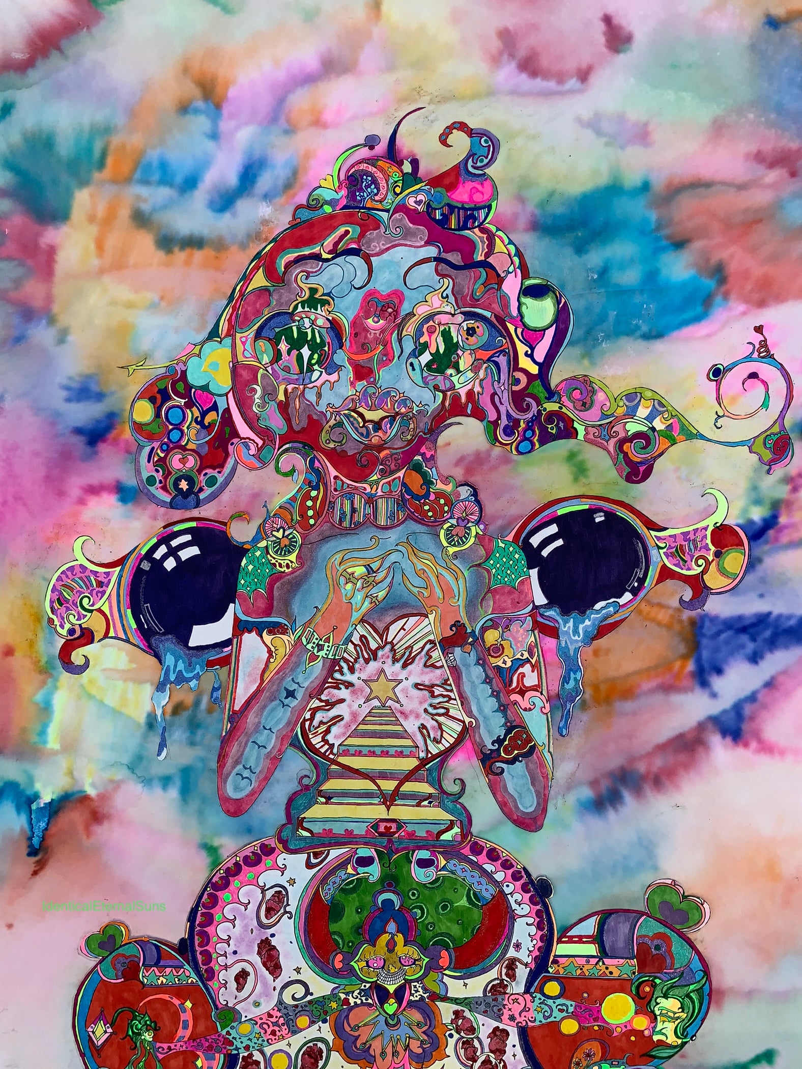identicaleternalsuns, Orignal drawing, colorful ink drawing, trippy drawings, poster wall art, color burst, colorful detailed art, arte, extremely colored drawing, fantastical art designs, whimsical detailed, rainbow alien drawing, heart collector, precious-core, alien, scifiart, neon lights, rave, drawing, sketch, wonderland, otherworldly, divine, supernatural, creature, trippy drawings, feeling alive, The Delicate Heart Collector