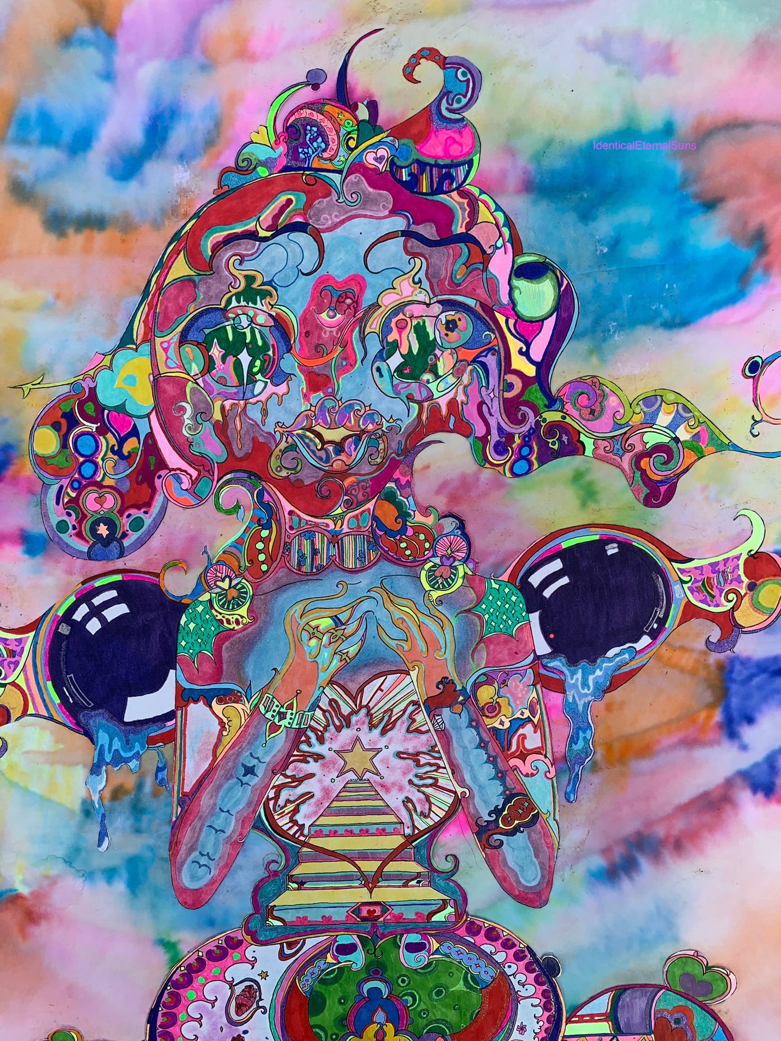 identicaleternalsuns, Orignal drawing, colorful ink drawing, trippy drawings, poster wall art, color burst, colorful detailed art, arte, extremely colored drawing, fantastical art designs, whimsical detailed, rainbow alien drawing, heart collector, precious-core, alien, scifiart, neon lights, rave, drawing, sketch, wonderland, otherworldly, divine, supernatural, creature, trippy drawings, feeling alive, The Delicate Heart Collector