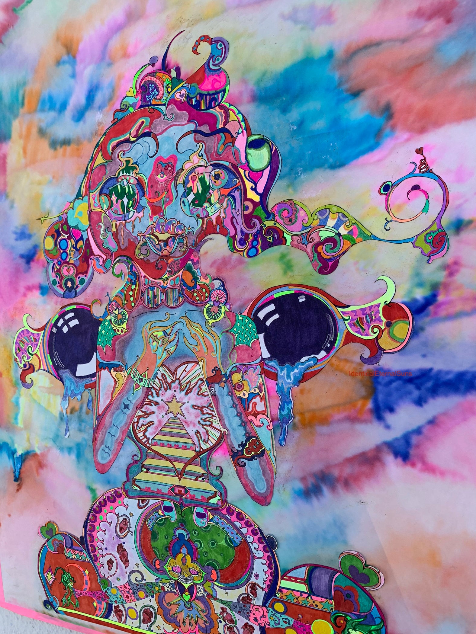identicaleternalsuns, Orignal drawing, colorful ink drawing, trippy drawings, poster wall art, color burst, colorful detailed art, arte, extremely colored drawing, fantastical art designs, whimsical detailed, rainbow alien drawing, heart collector, precious-core, alien, scifiart, neon lights, rave, drawing, sketch, wonderland, otherworldly, divine, supernatural, creature, trippy drawings, feeling alive, The Delicate Heart Collector