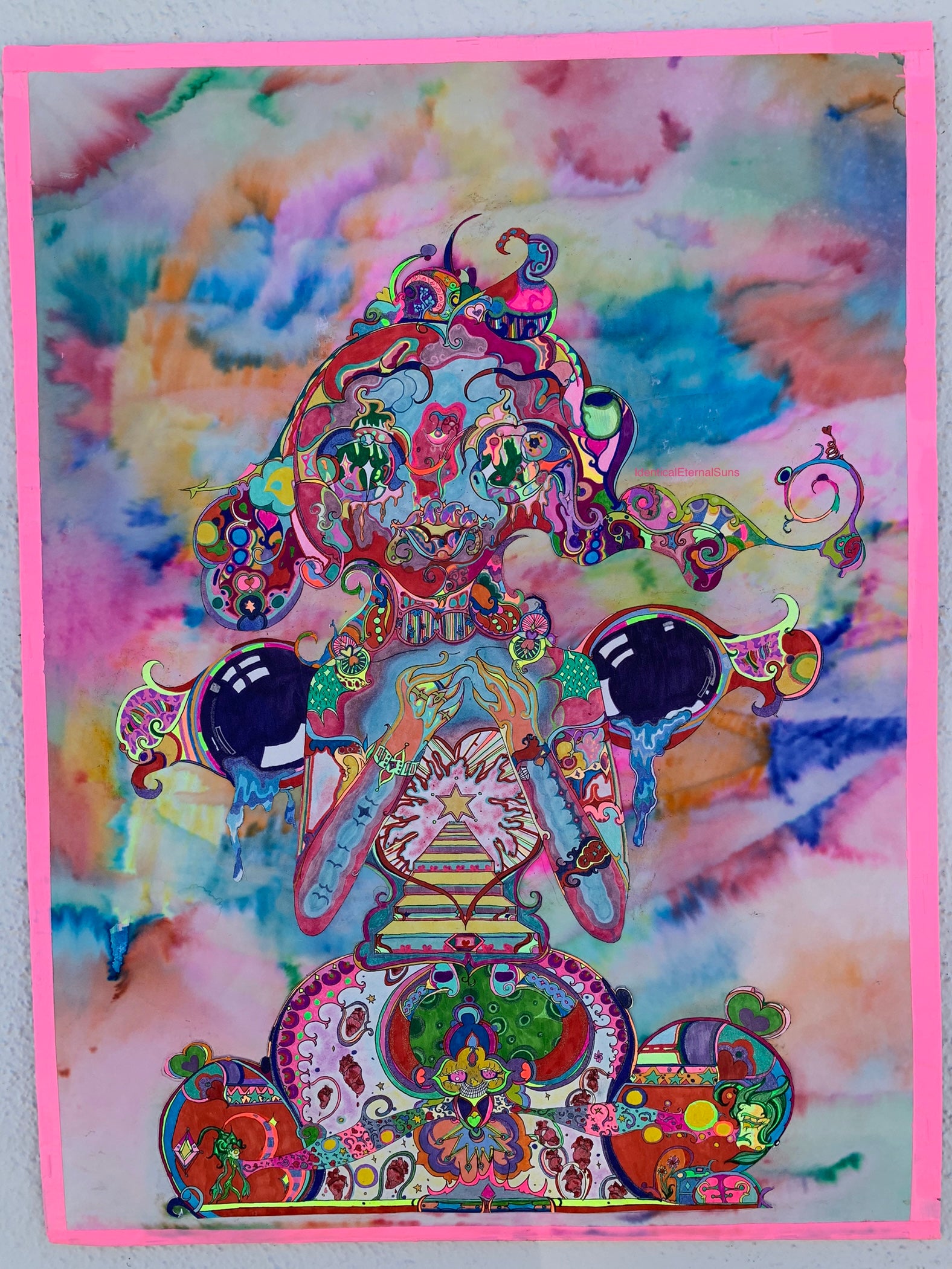 identicaleternalsuns, Orignal drawing, colorful ink drawing, trippy drawings, poster wall art, color burst, colorful detailed art, arte, extremely colored drawing, fantastical art designs, whimsical detailed, rainbow alien drawing, heart collector, precious-core, alien, scifiart, neon lights, rave, drawing, sketch, wonderland, otherworldly, divine, supernatural, creature, trippy drawings, feeling alive, The Delicate Heart Collector