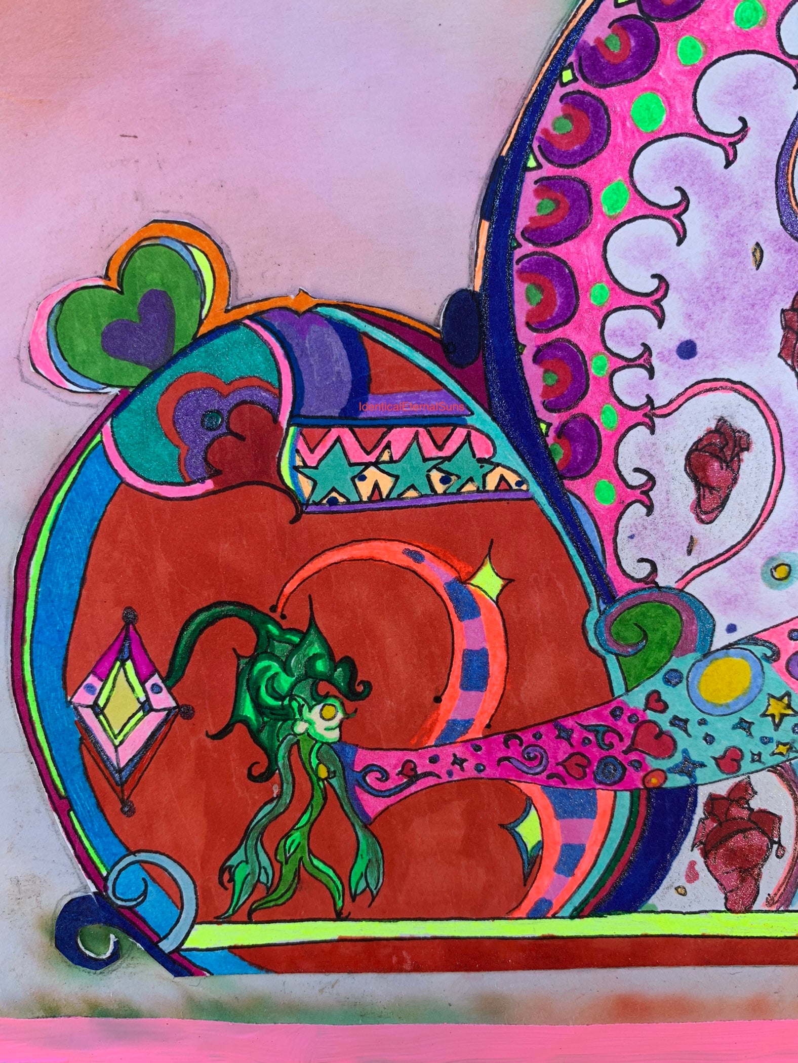 identicaleternalsuns, Orignal drawing, colorful ink drawing, trippy drawings, poster wall art, color burst, colorful detailed art, arte, extremely colored drawing, fantastical art designs, whimsical detailed, rainbow alien drawing, heart collector, precious-core, alien, scifiart, neon lights, rave, drawing, sketch, wonderland, otherworldly, divine, supernatural, creature, trippy drawings, feeling alive, The Delicate Heart Collector