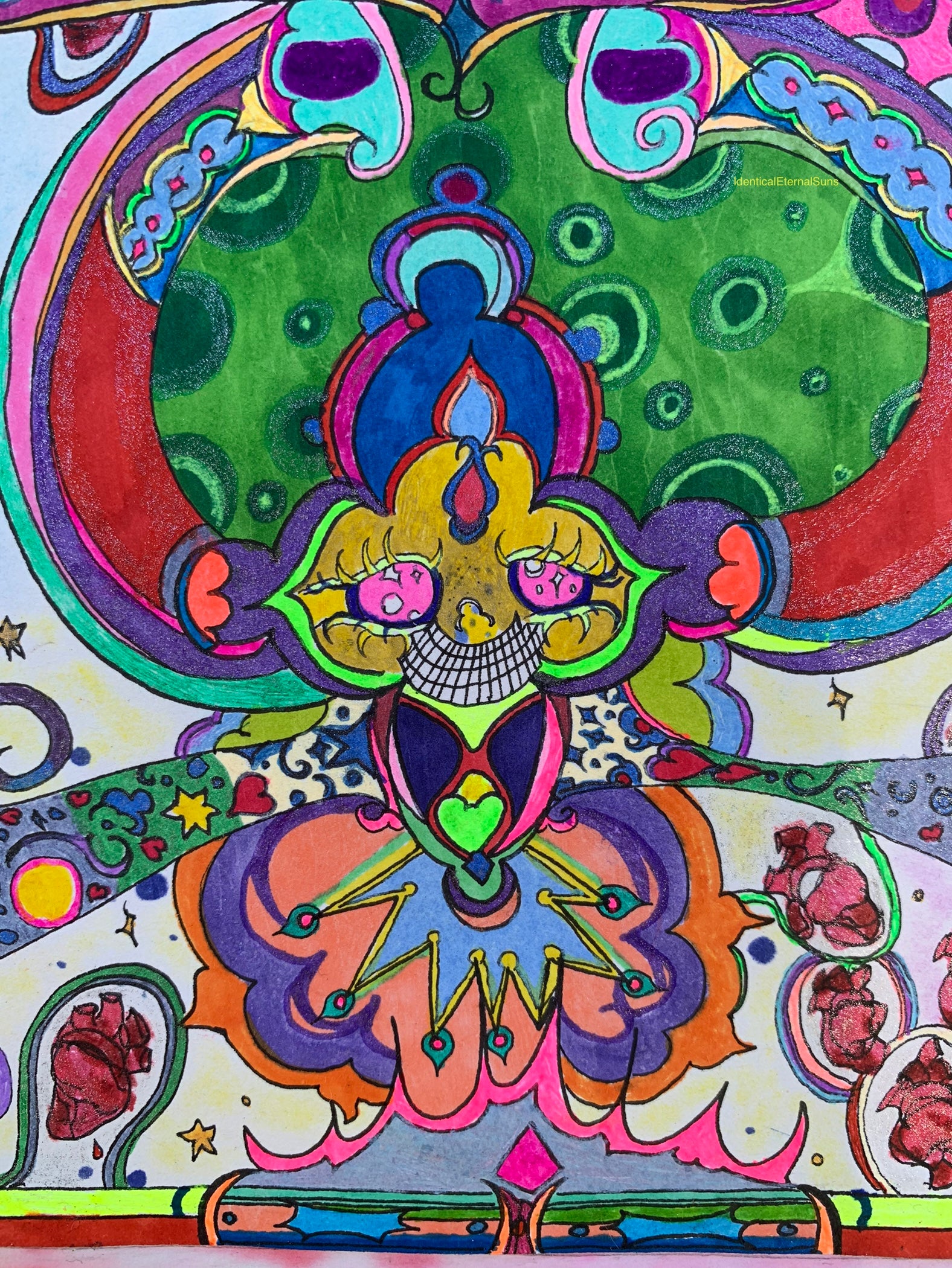 identicaleternalsuns, Orignal drawing, colorful ink drawing, trippy drawings, poster wall art, color burst, colorful detailed art, arte, extremely colored drawing, fantastical art designs, whimsical detailed, rainbow alien drawing, heart collector, precious-core, alien, scifiart, neon lights, rave, drawing, sketch, wonderland, otherworldly, divine, supernatural, creature, trippy drawings, feeling alive, The Delicate Heart Collector