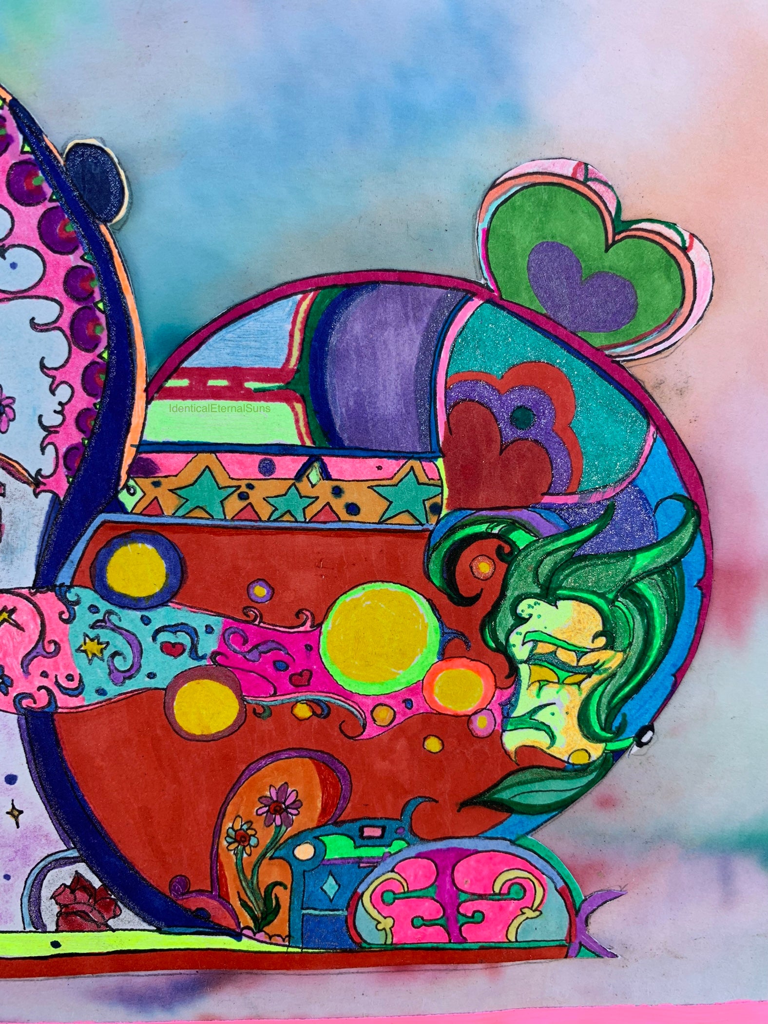 identicaleternalsuns, Orignal drawing, colorful ink drawing, trippy drawings, poster wall art, color burst, colorful detailed art, arte, extremely colored drawing, fantastical art designs, whimsical detailed, rainbow alien drawing, heart collector, precious-core, alien, scifiart, neon lights, rave, drawing, sketch, wonderland, otherworldly, divine, supernatural, creature, trippy drawings, feeling alive, The Delicate Heart Collector