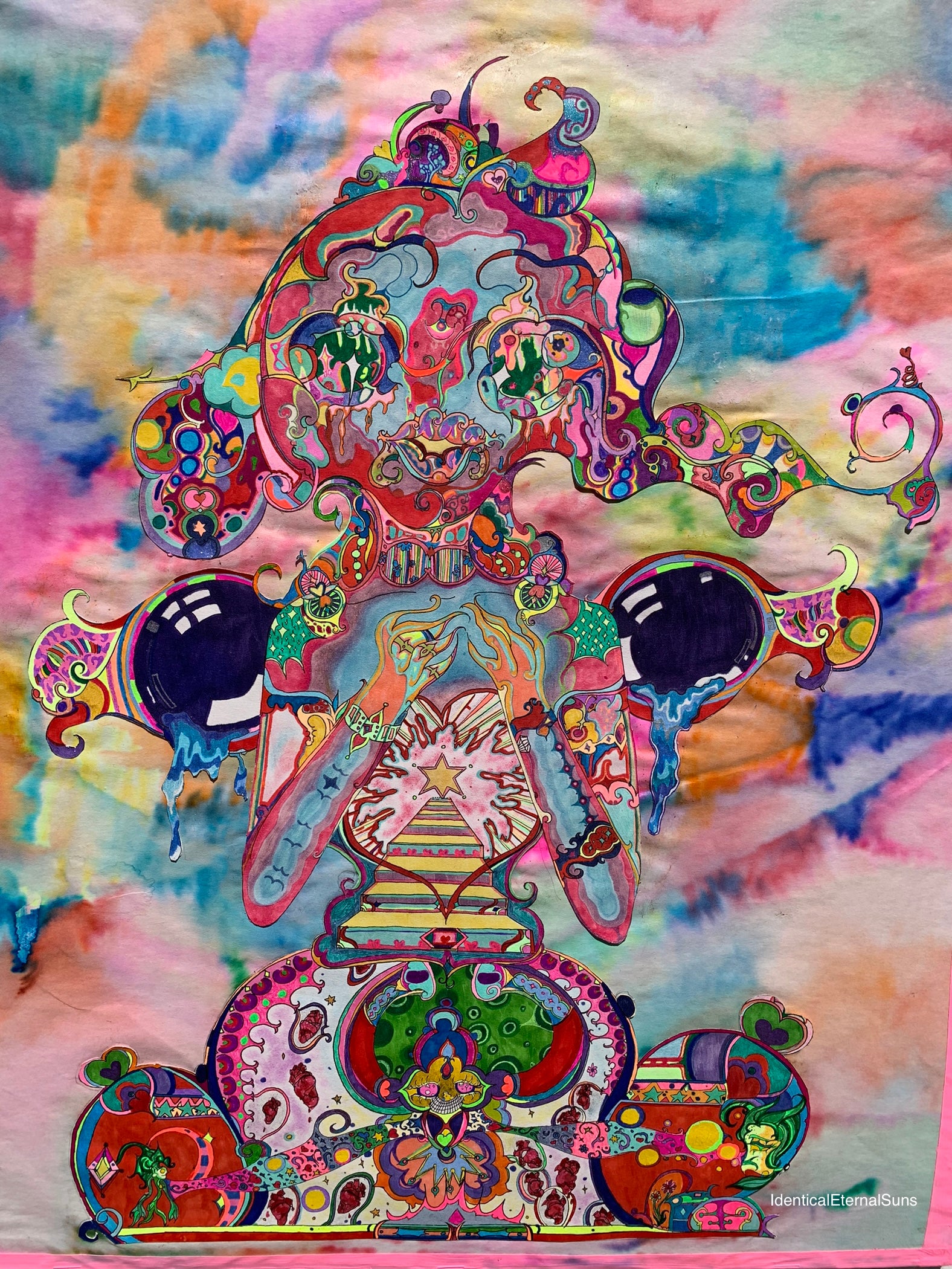 identicaleternalsuns, Orignal drawing, colorful ink drawing, trippy drawings, poster wall art, color burst, colorful detailed art, arte, extremely colored drawing, fantastical art designs, whimsical detailed, rainbow alien drawing, heart collector, precious-core, alien, scifiart, neon lights, rave, drawing, sketch, wonderland, otherworldly, divine, supernatural, creature, trippy drawings, feeling alive, The Delicate Heart Collector