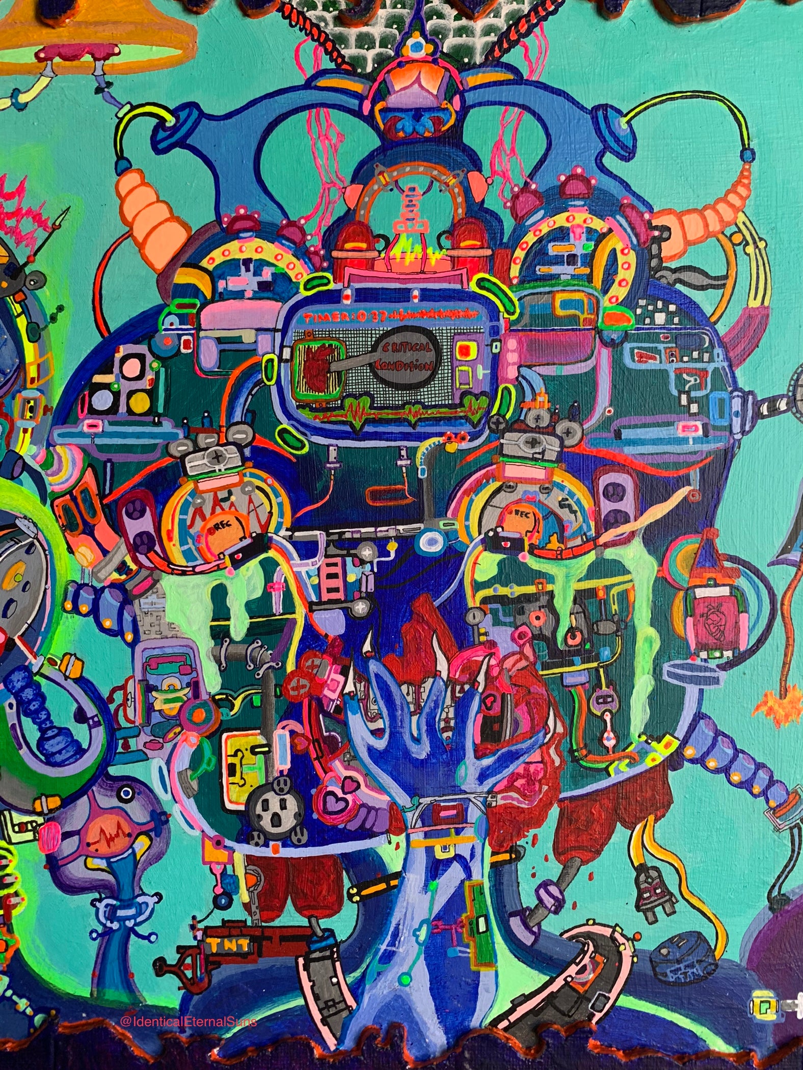 mechanical surreal dreamscape, vibrant colorful surrealist painting, neon-toned emotional artwork, technicolor love bomb art, cosmic color explosion, vivid sci-fi art with heart, dramatic colorful alien painting, alien love in sci-fi fantasy art, space-age emotion on canvas, surreal alien robot lovers, futuristic beings of love, otherworldly love painting, emotional sci-fi character art, surreal extraterrestrial passion, love through chaos artwork, symbolic emotional painting